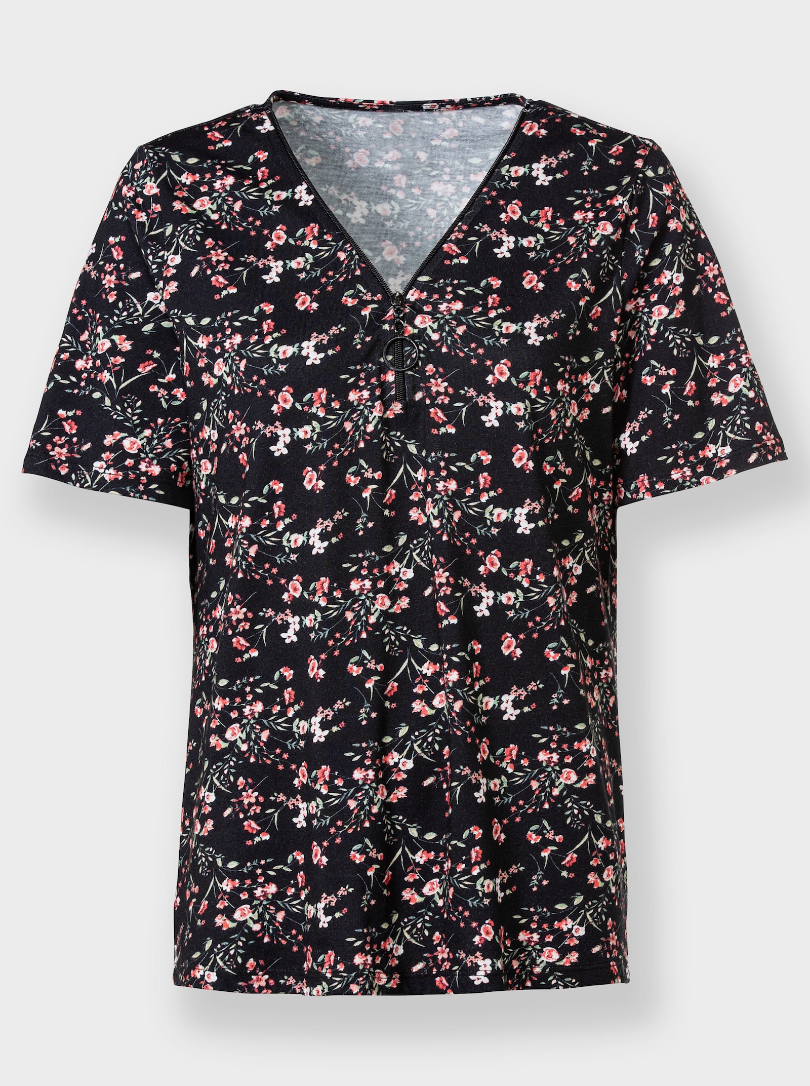 Kurzarmshirt mit Reißverschluss am Ausschnitt - schwarz-hellrosé-gemustert