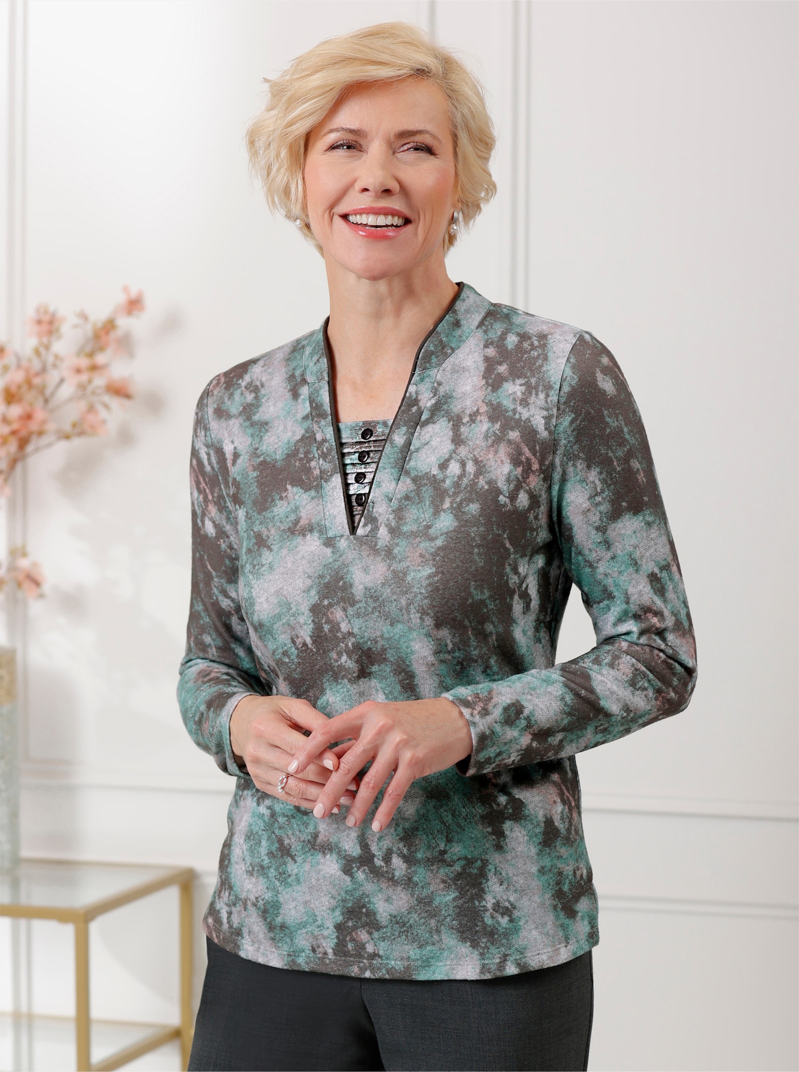 Langarmshirt im Grafik-Muster - salbei-steingrau-bedruckt