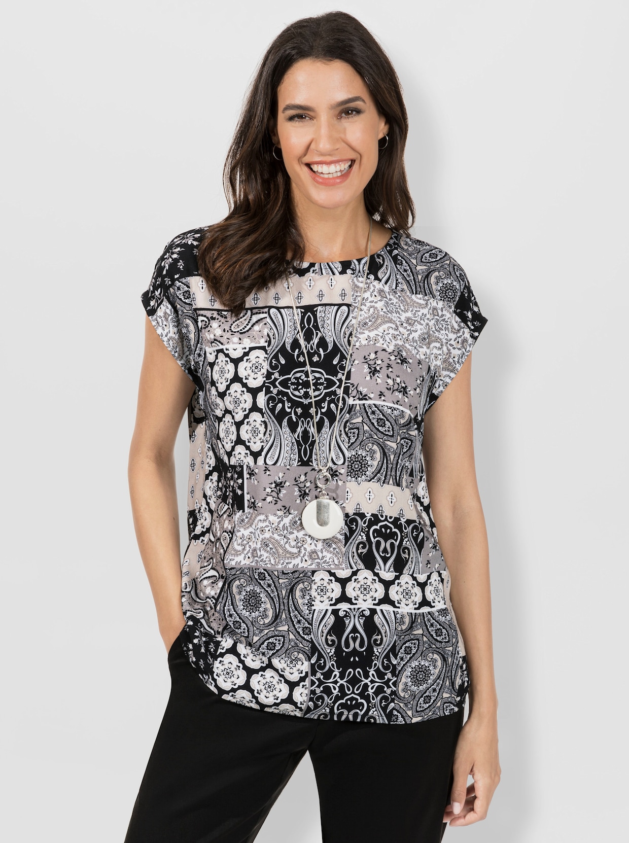 Bluse - schwarz-sand-bedruckt