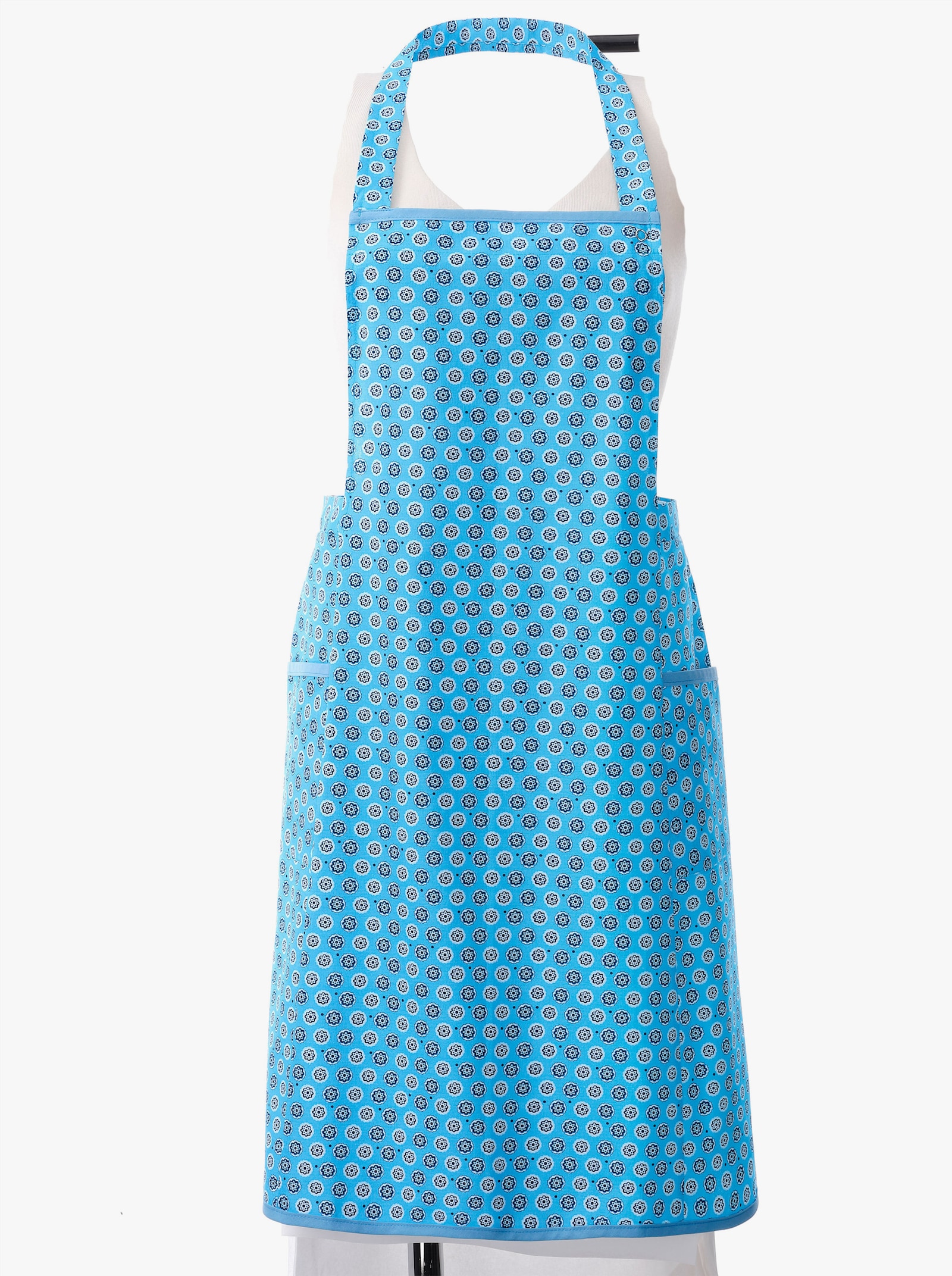 Latzschürze mit Druckknöpfen - türkis-bedruckt