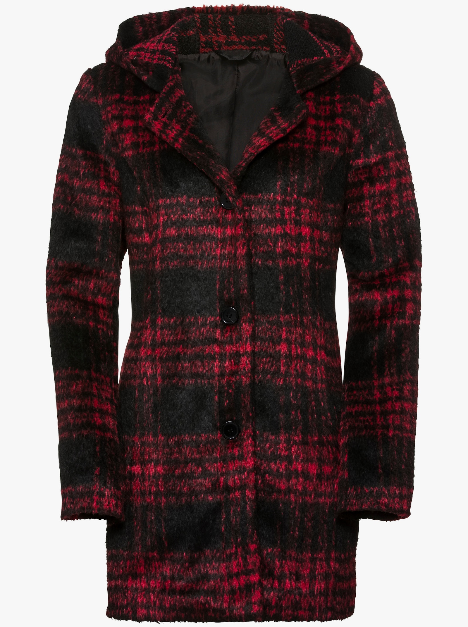 Outdoorová bunda slušivého dlouhého střihu - černá-červená-kostka