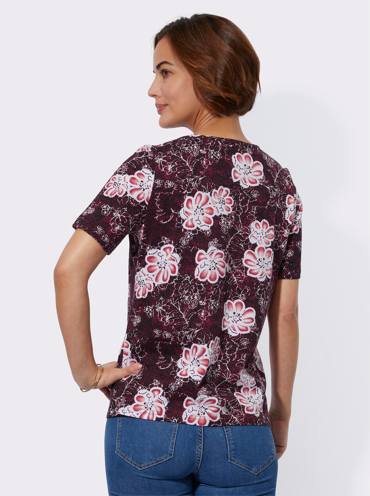 Shirt met ronde hals - kers/ecru bedrukt