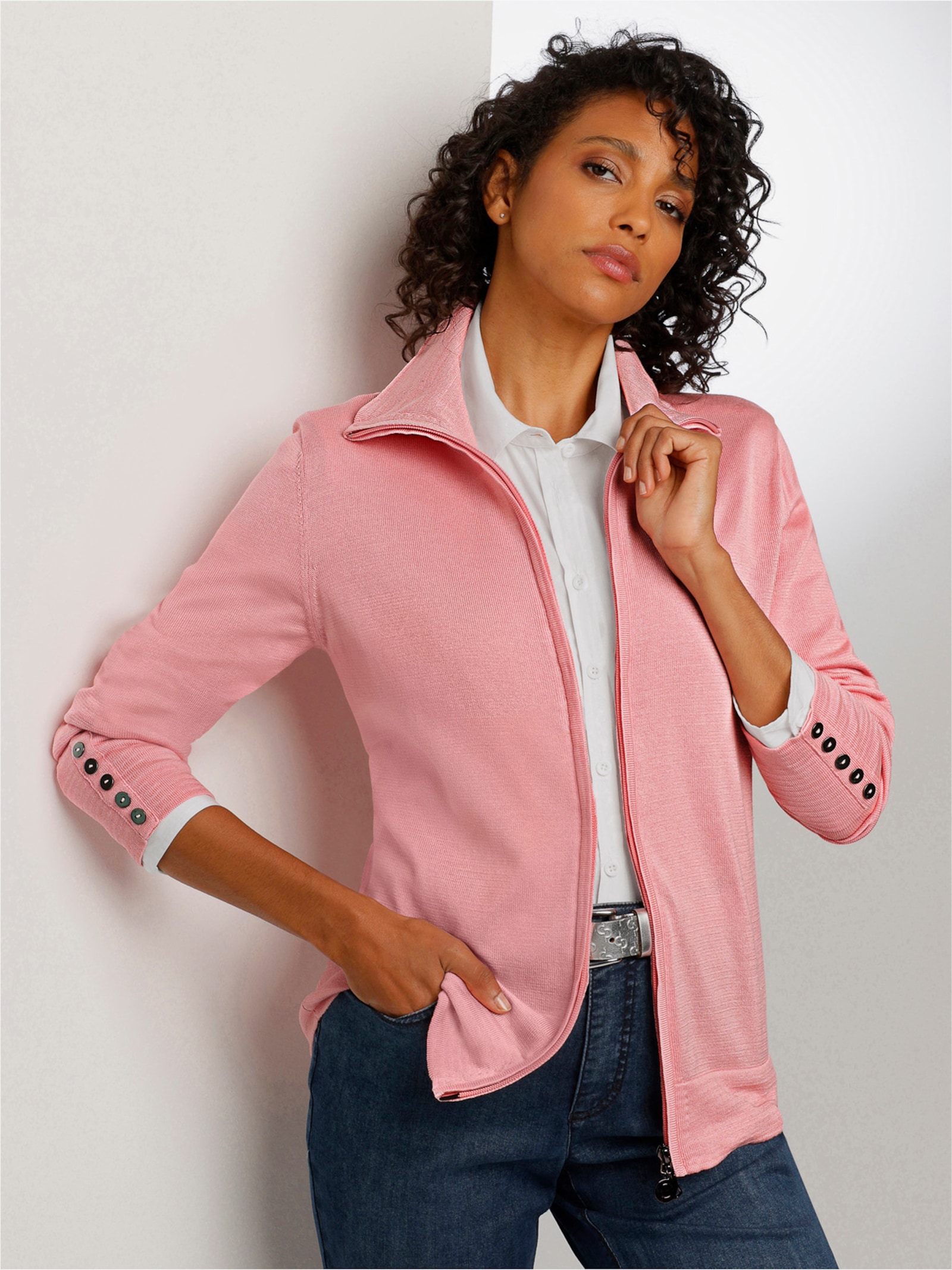 CREATION L PREMIUM Feinstrickjacke mit gestreiften Abschlüssen - rosenquarz