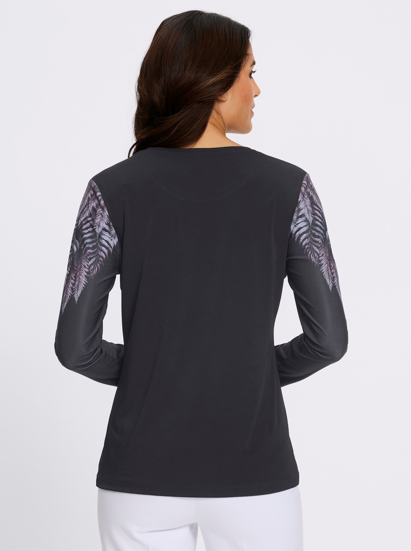 Langarmshirt mit Blättermotiv und Glitzersteinchen - schwarz-hortensie-bedruckt