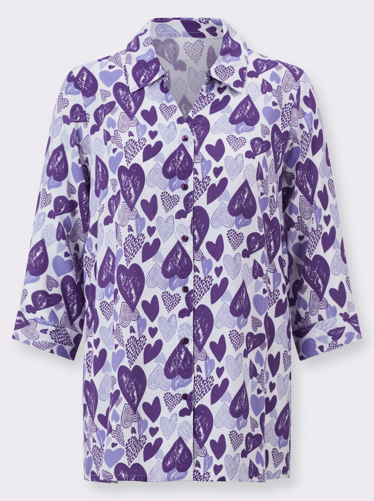 Lång blus - vit-lavendel-med tryck