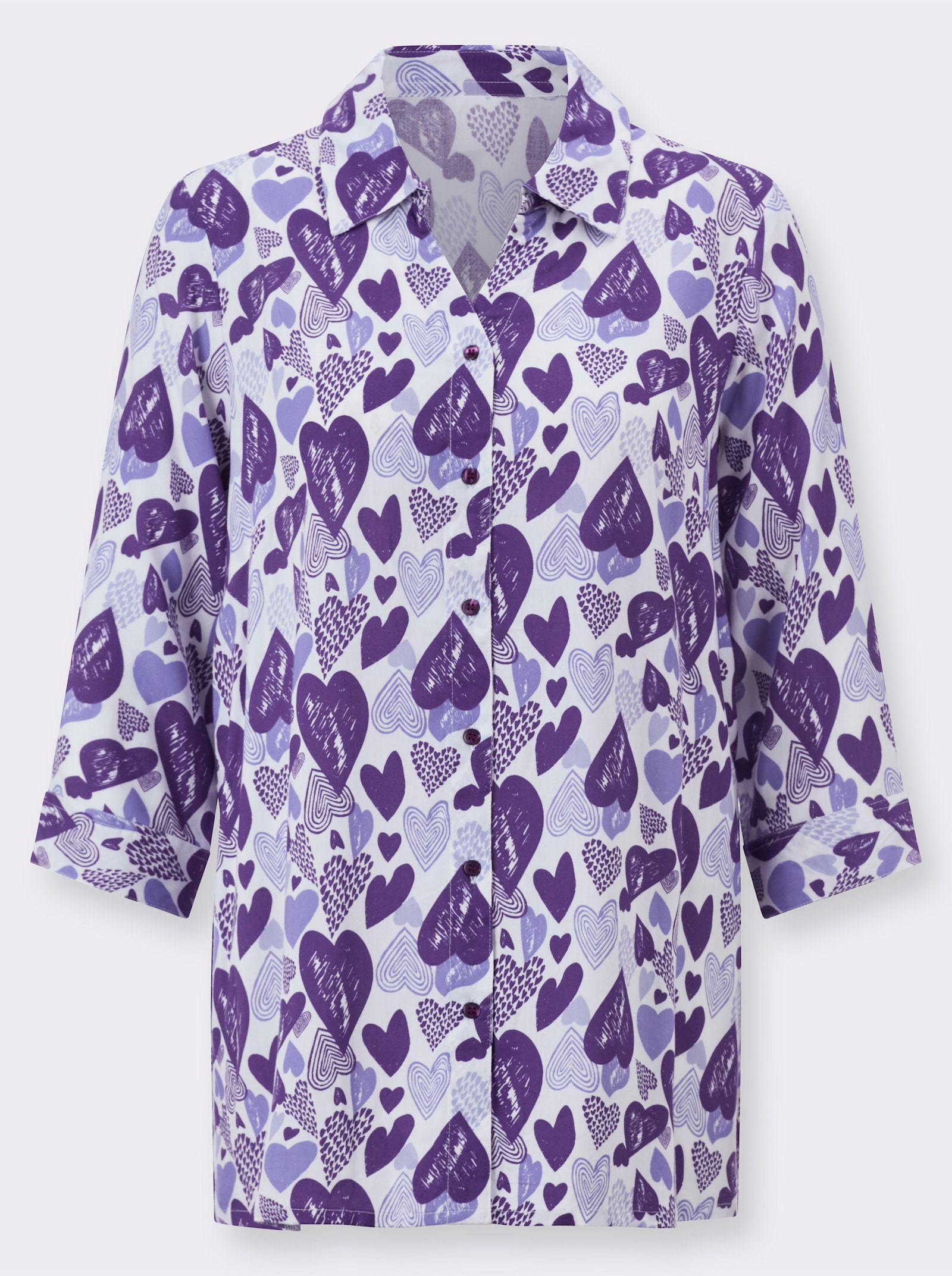 Lange blouse in hartdessin - wit/lavendel bedrukt