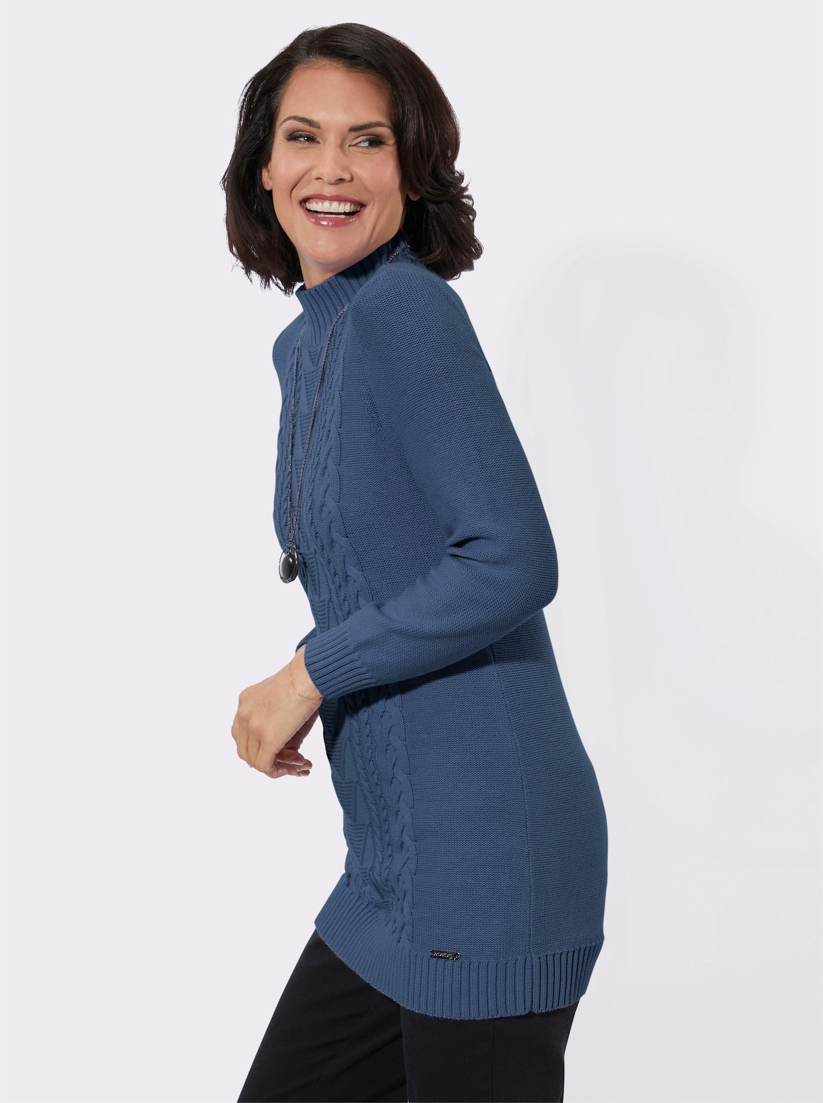 Longpullover mit Zopf-Struktur-Muster - jeansblau