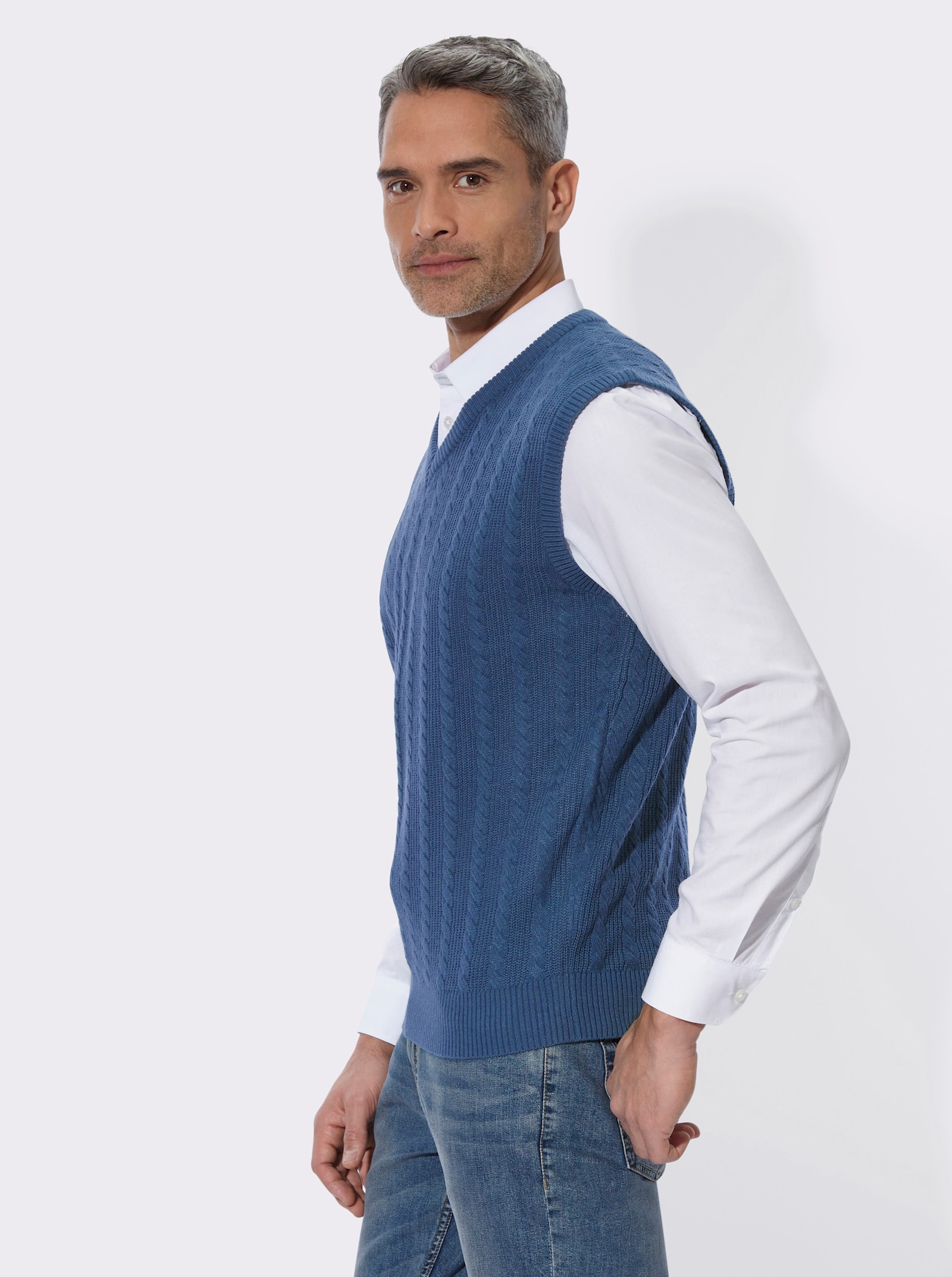 Pullunder mit Zopf- und Strickmuster - jeansblau