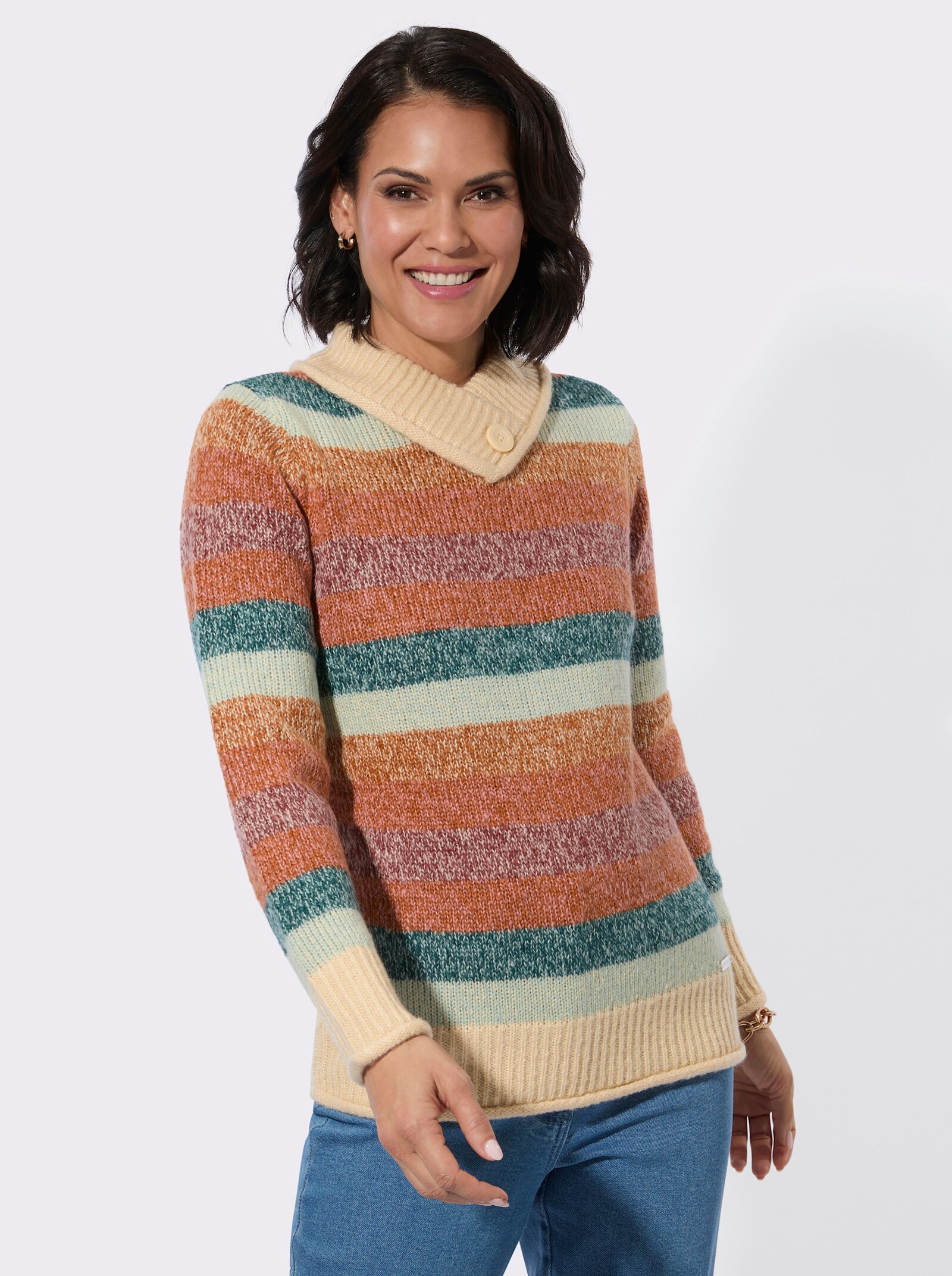 Stehkragenpullover mit Rollkanten - kalkmint-flamingo-geringelt