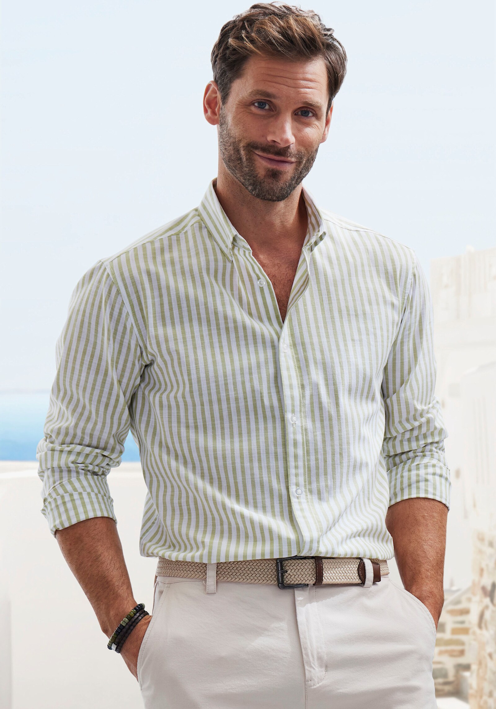 John Devin Langarmhemd - hellgrün-gestreift