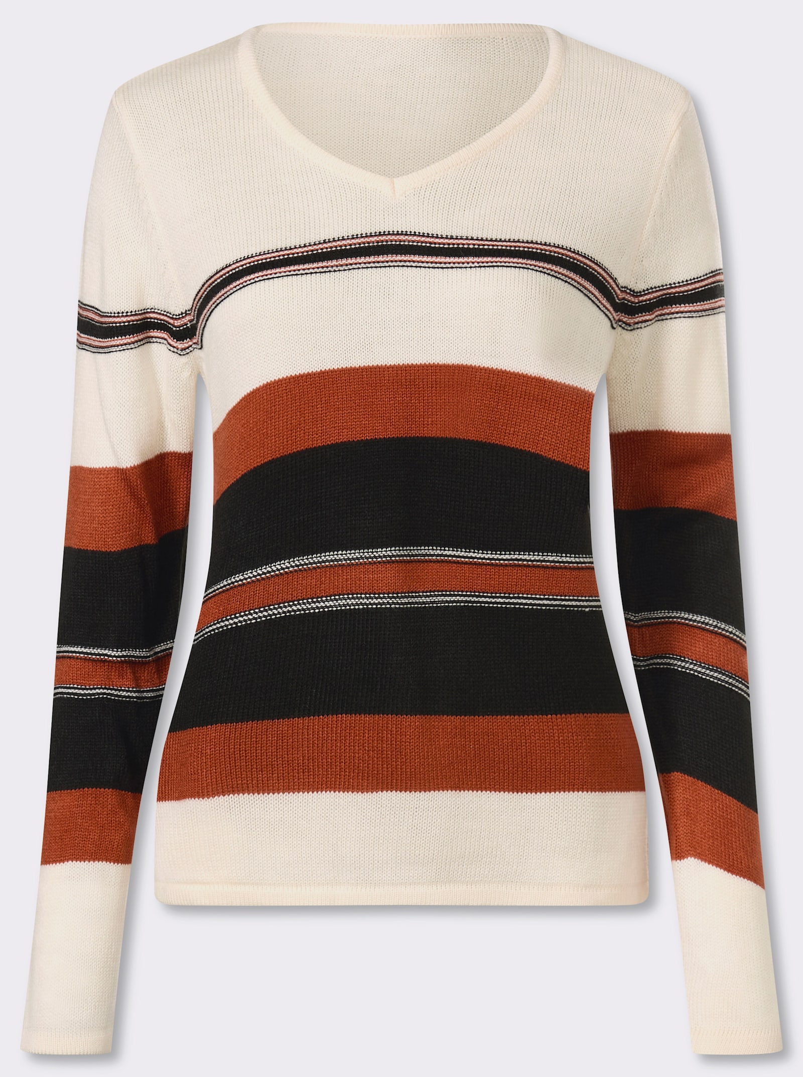 V-Ausschnitt-Pullover - champagner-schwarz-geringelt