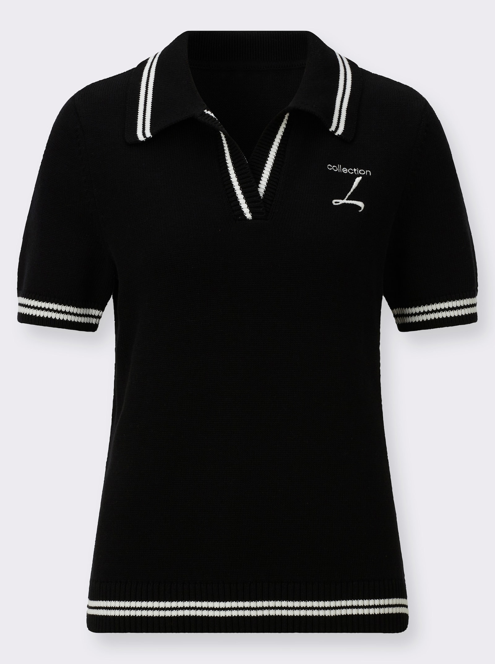 Polopullover mit Seitenschlitzen - schwarz-ecru-geringelt