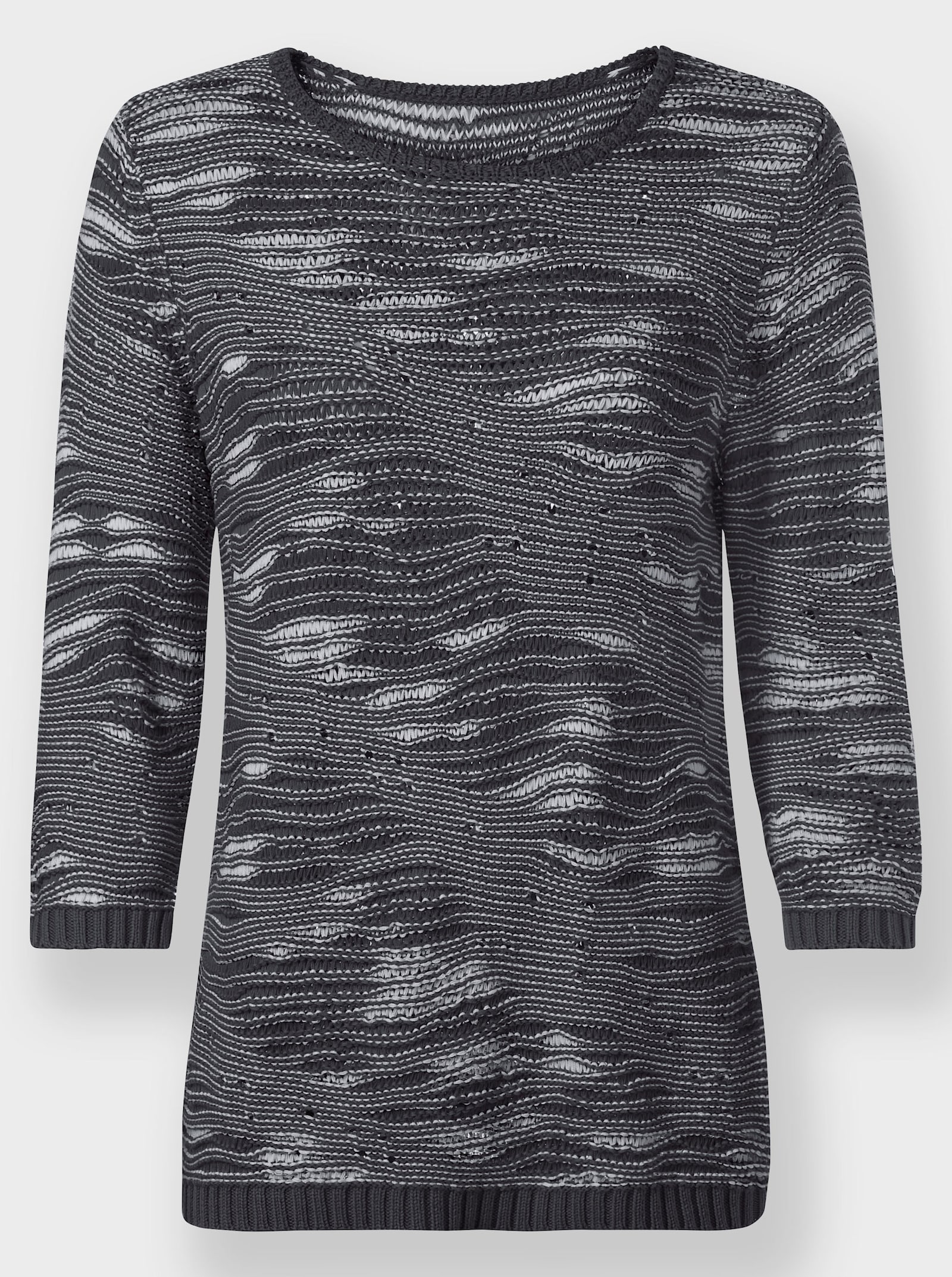 3/4 Arm-Pullover im Strickmuster-Mix - schwarz-gemustert