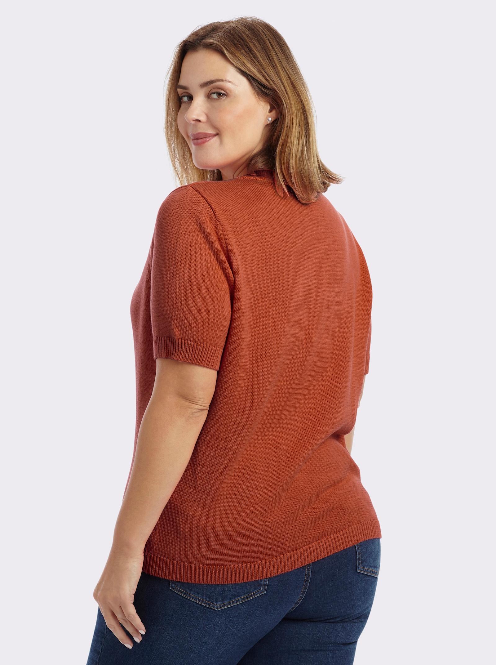 Kurzarmpullover mit Rippabschlüssen - rostrot