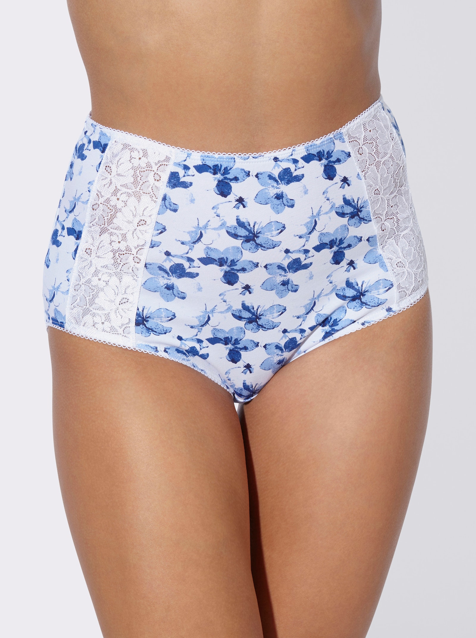 Taillenslip mit Spitzen-Einsätzen - weiß-marine-bedruckt + marine
