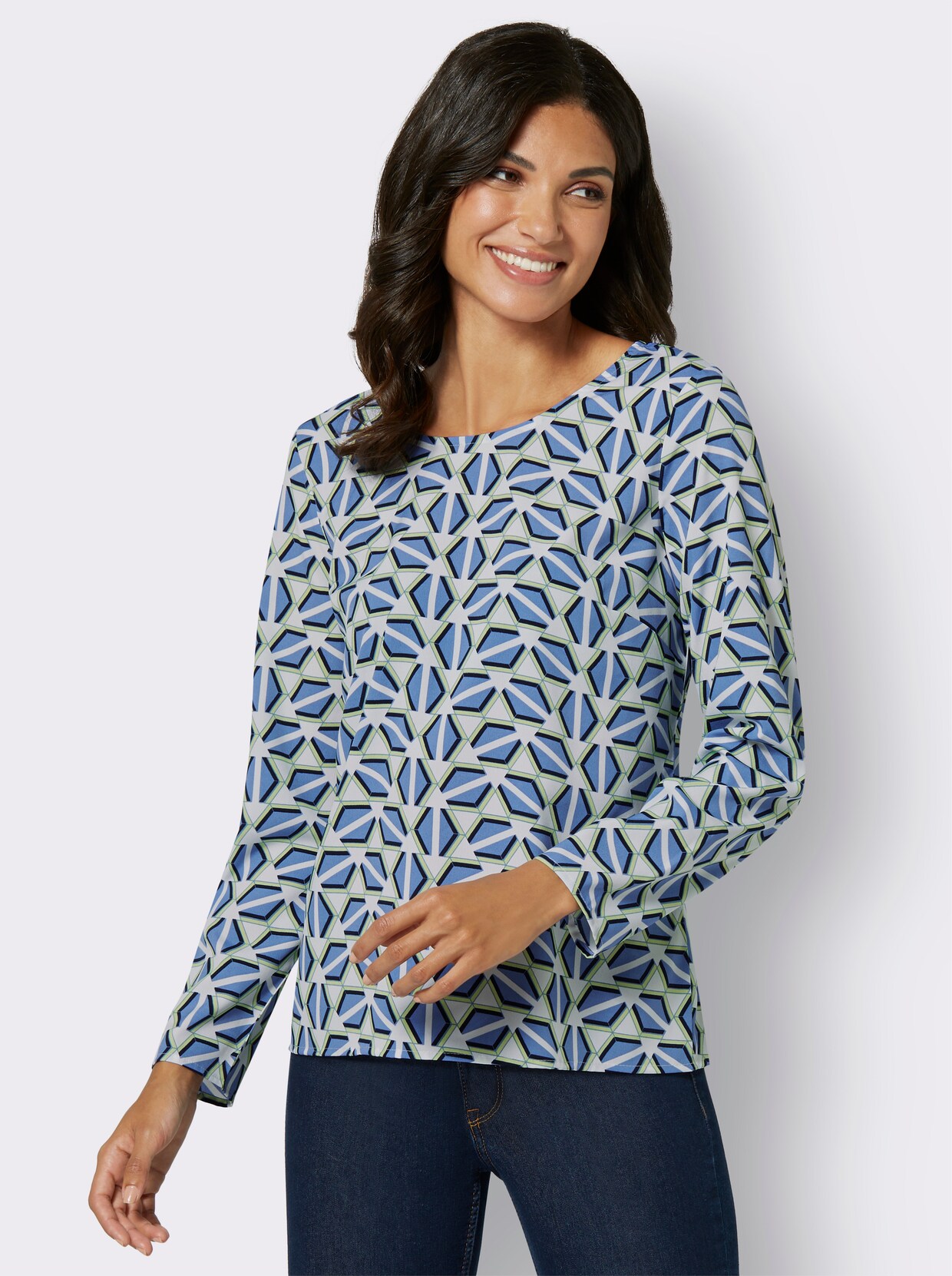 Comfortabele blouse - middenblauw/resedagroen gedessineerd