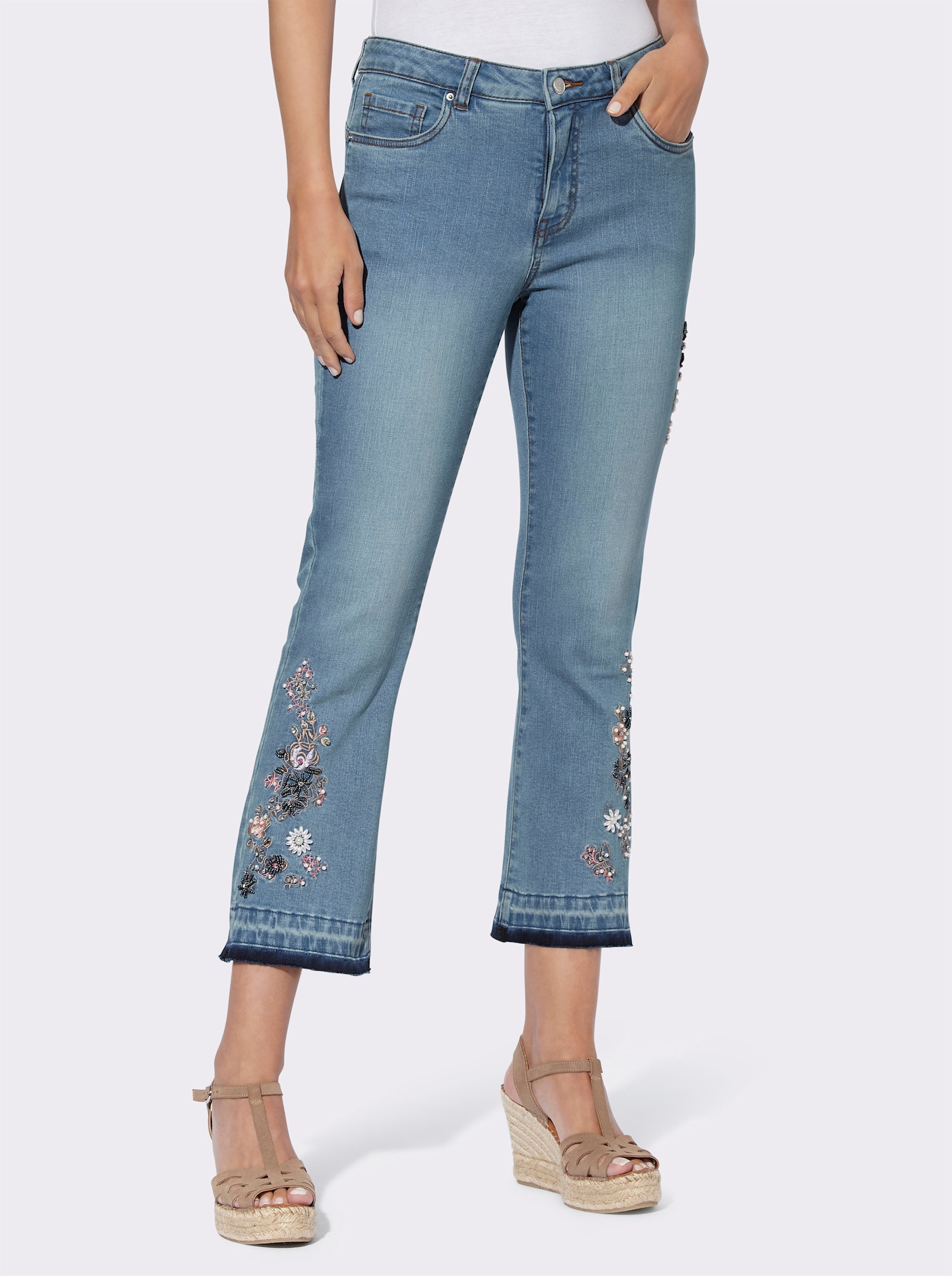 heine 7/8-Jeans mit Blütenstickerei - blue-bleached