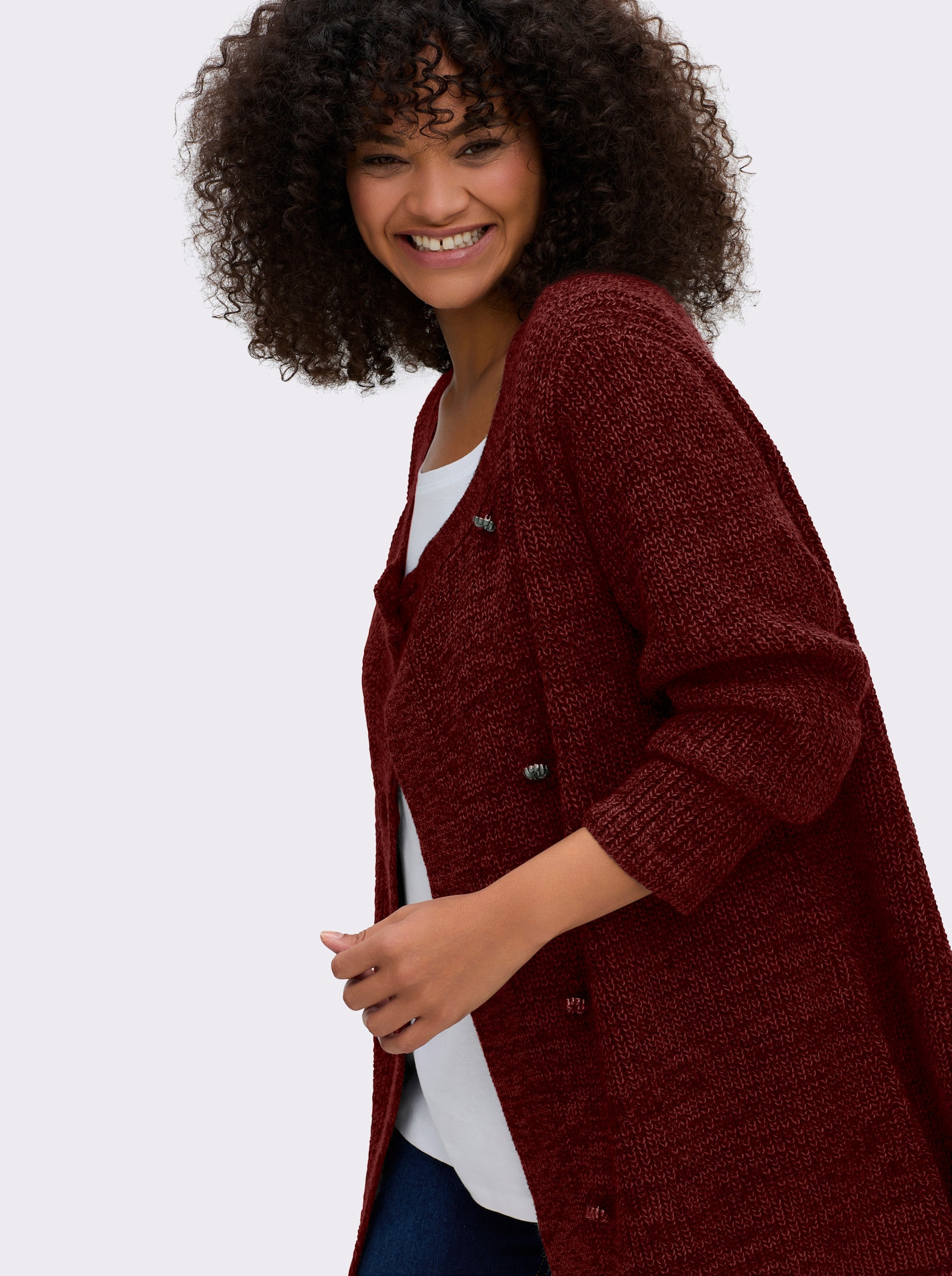 sheego Strickjacke mit überlappender Knopfleiste - bordeaux-meliert