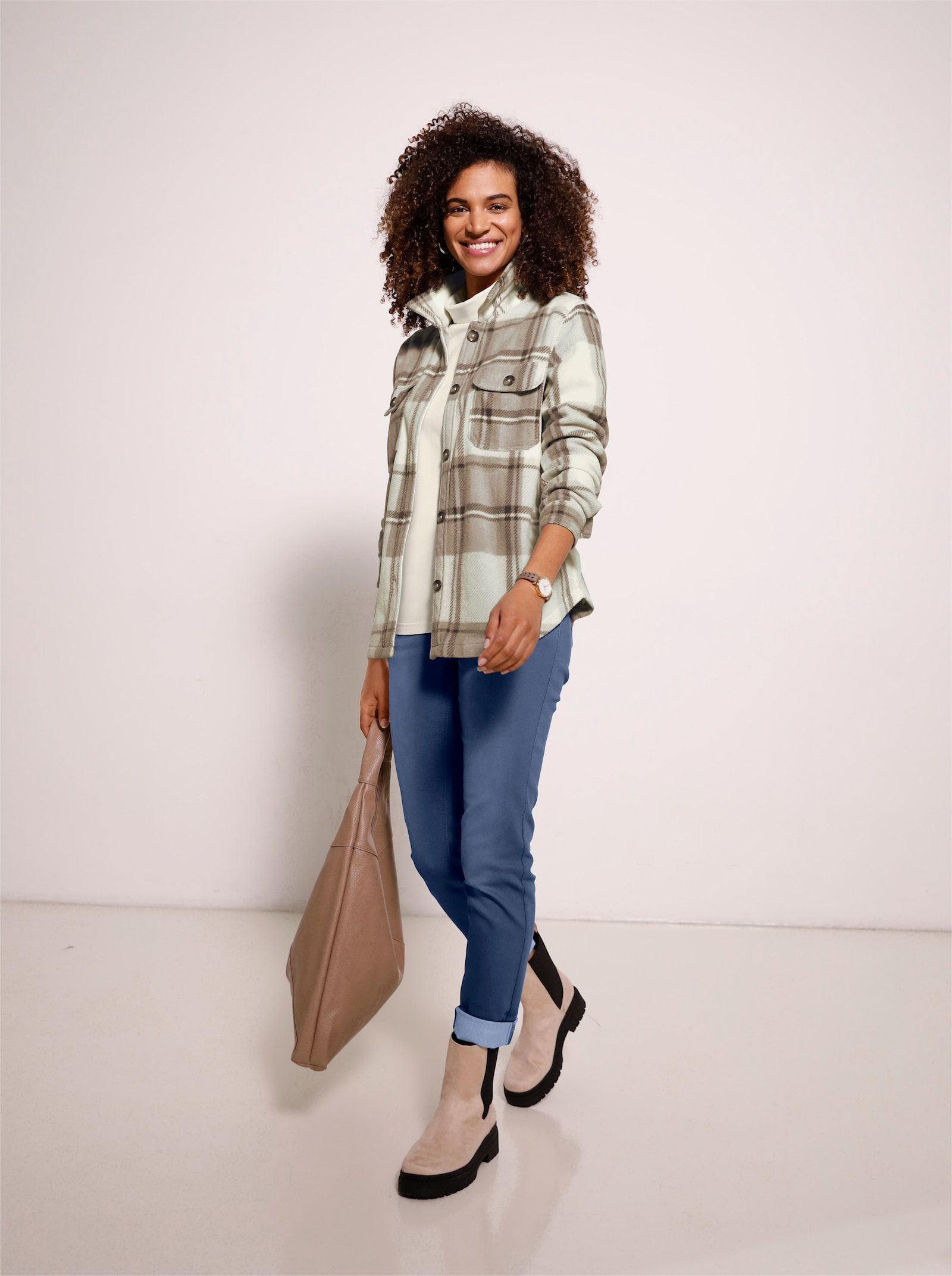 Fleecejacke mit Knöpfen in Horn-Optik - champagner-taubenblau-kariert
