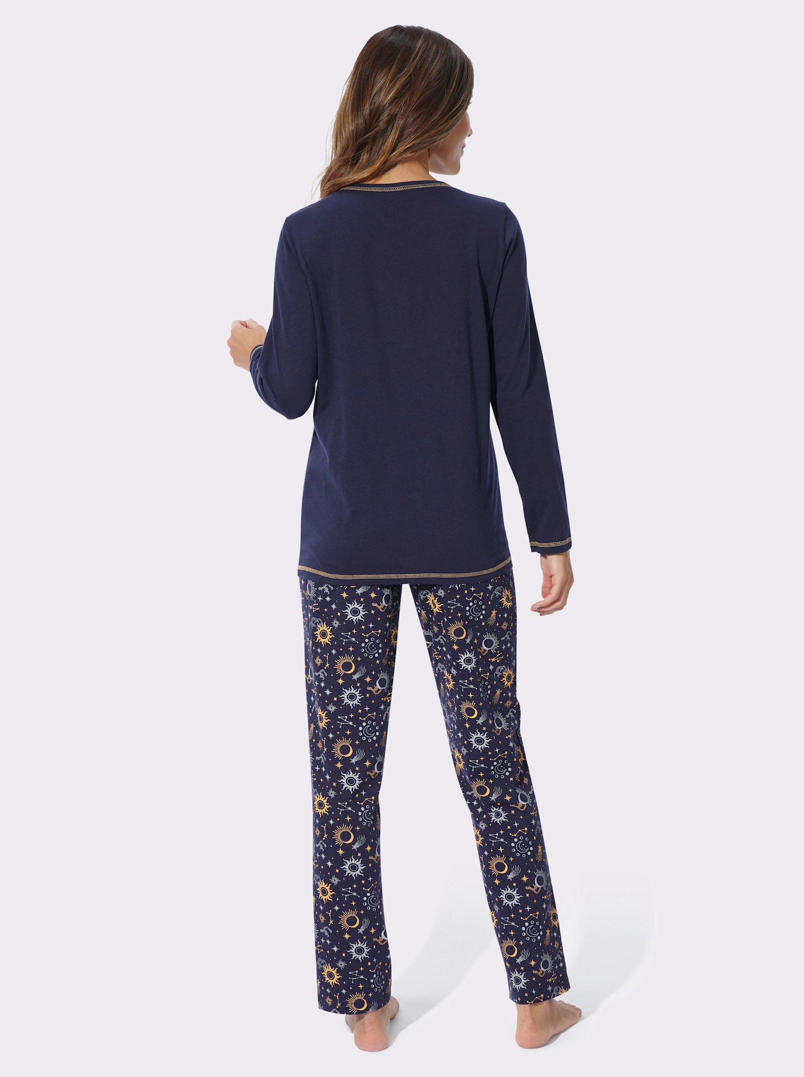 Schlafanzug mit Sonne-Mond-Sterne-Druck - marine-ocker-bedruckt