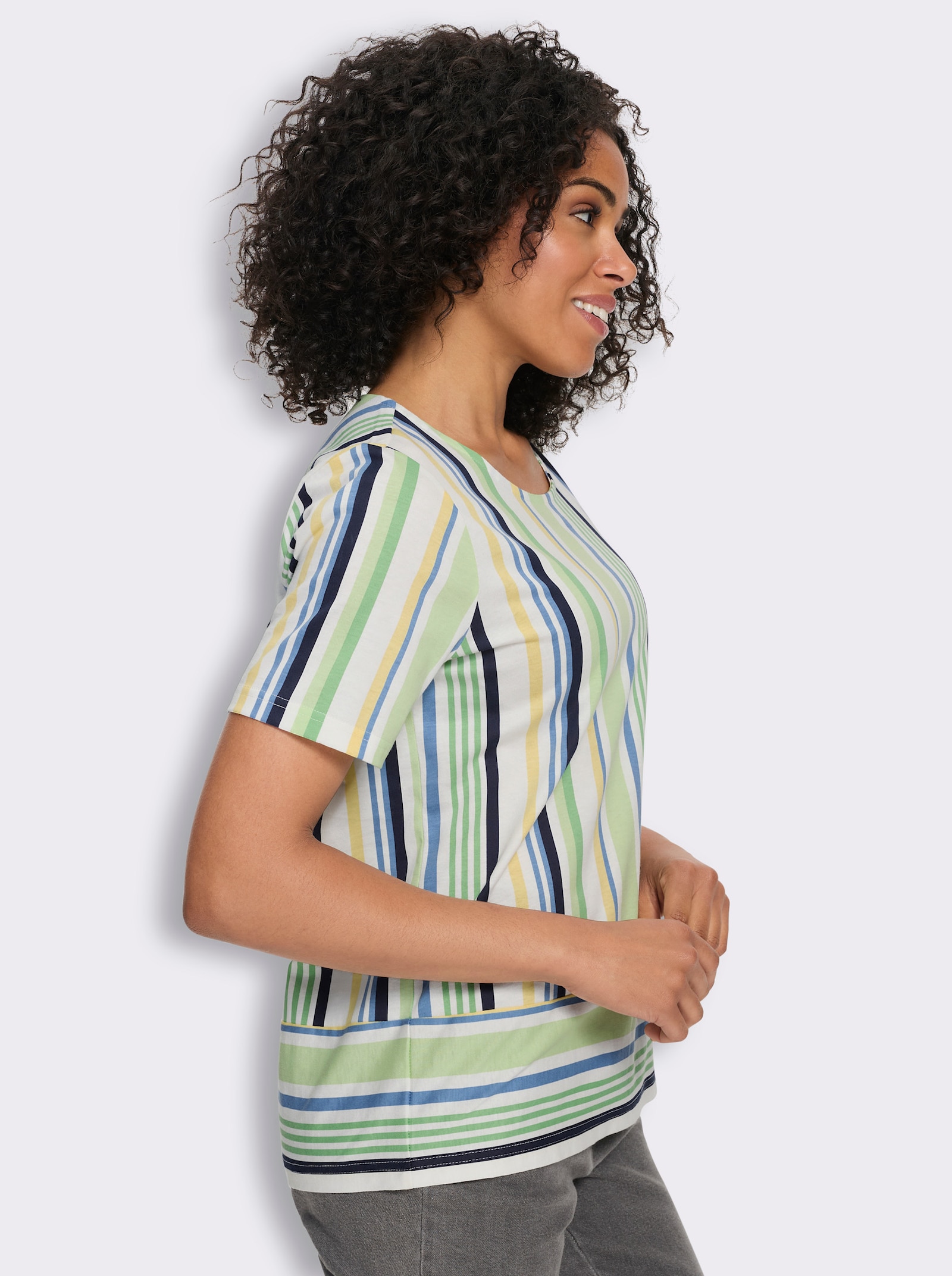 Shirt met korte mouwen en verticale strepen, katoen - appelgroen/marine bedrukt