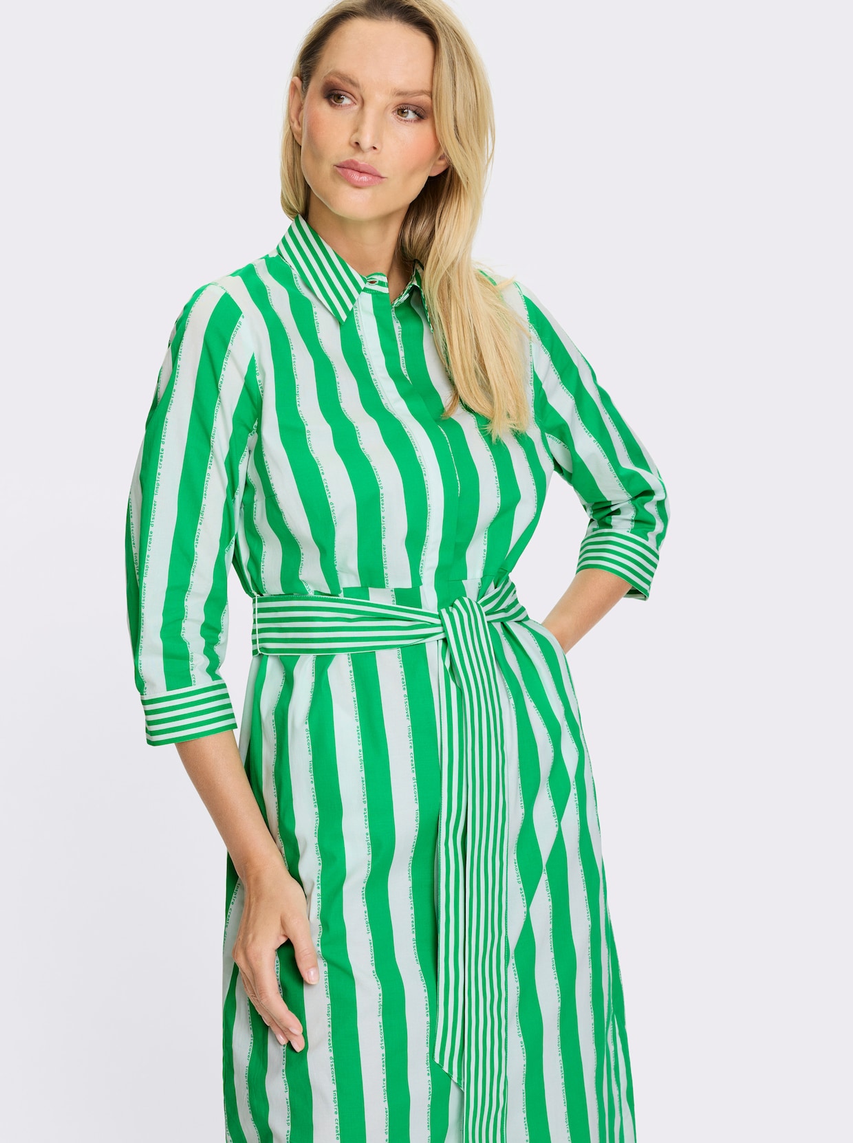heine Hemdblusenkleid - grasgrün-ecru-gestreift
