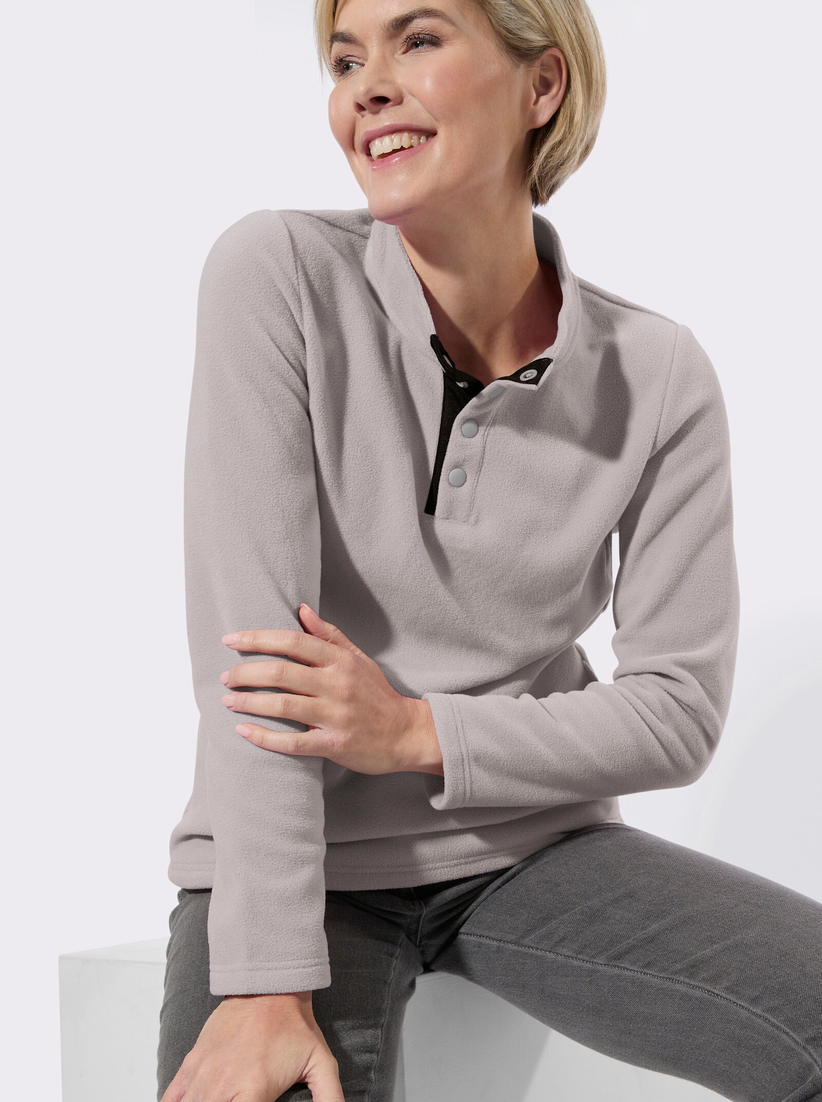 Fleeceshirt mit Stehkragen und Druckknöpfen - steingrau