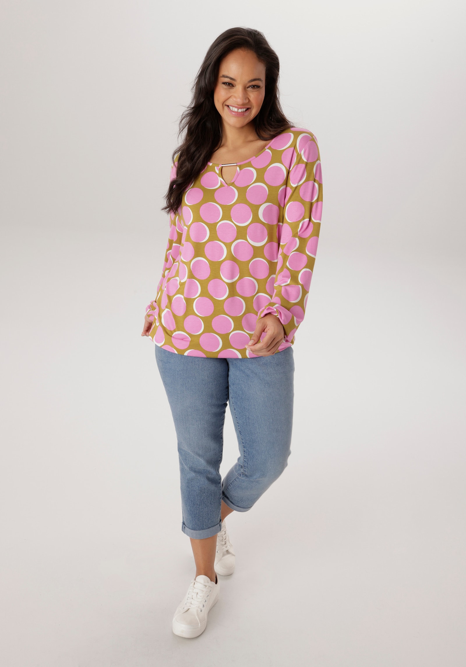 Aniston PLUS Langarmshirt - rose-grün-weiß