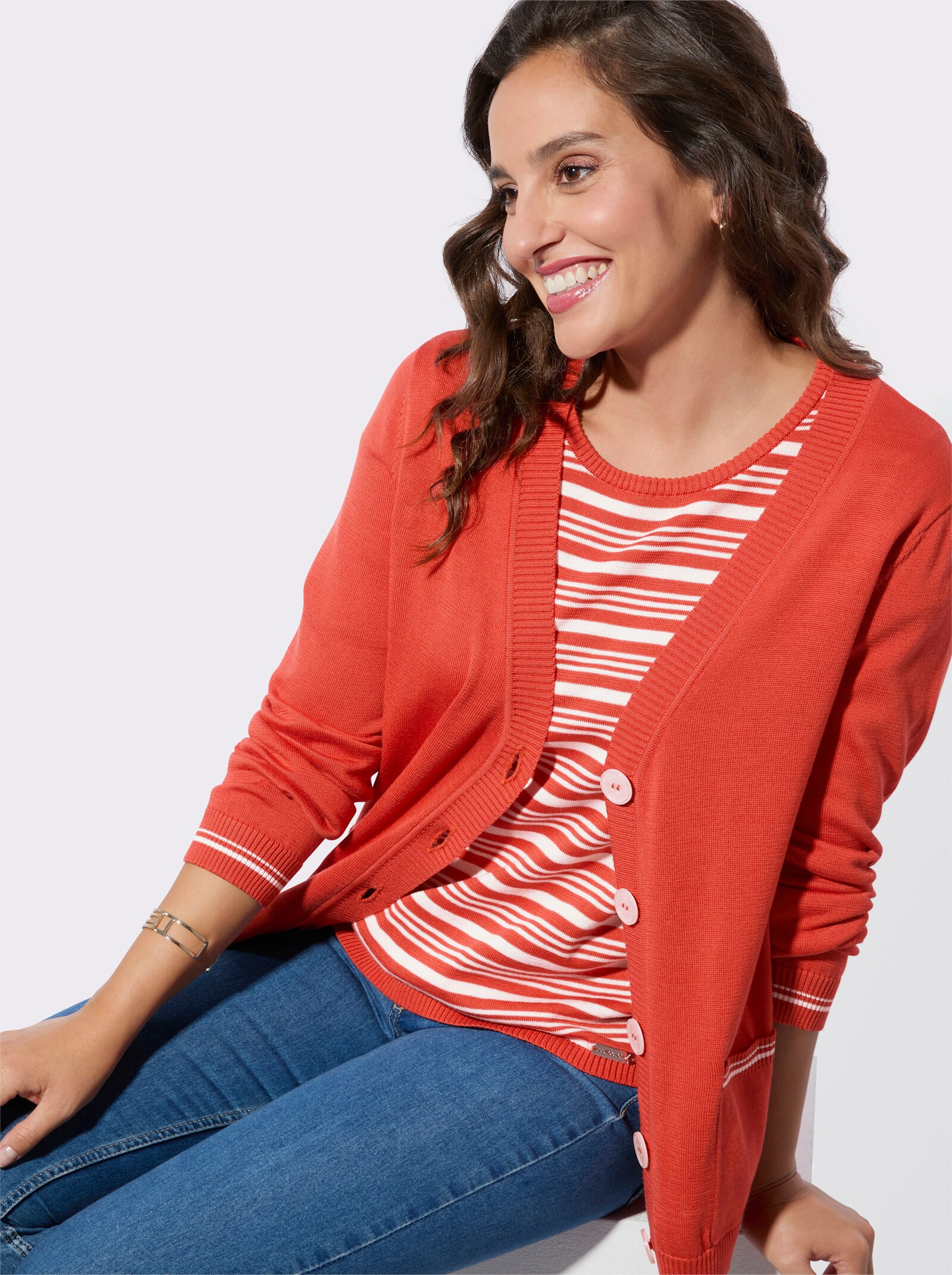 Twin-Set mit Schmuckknöpfen - terra-ecru-geringelt