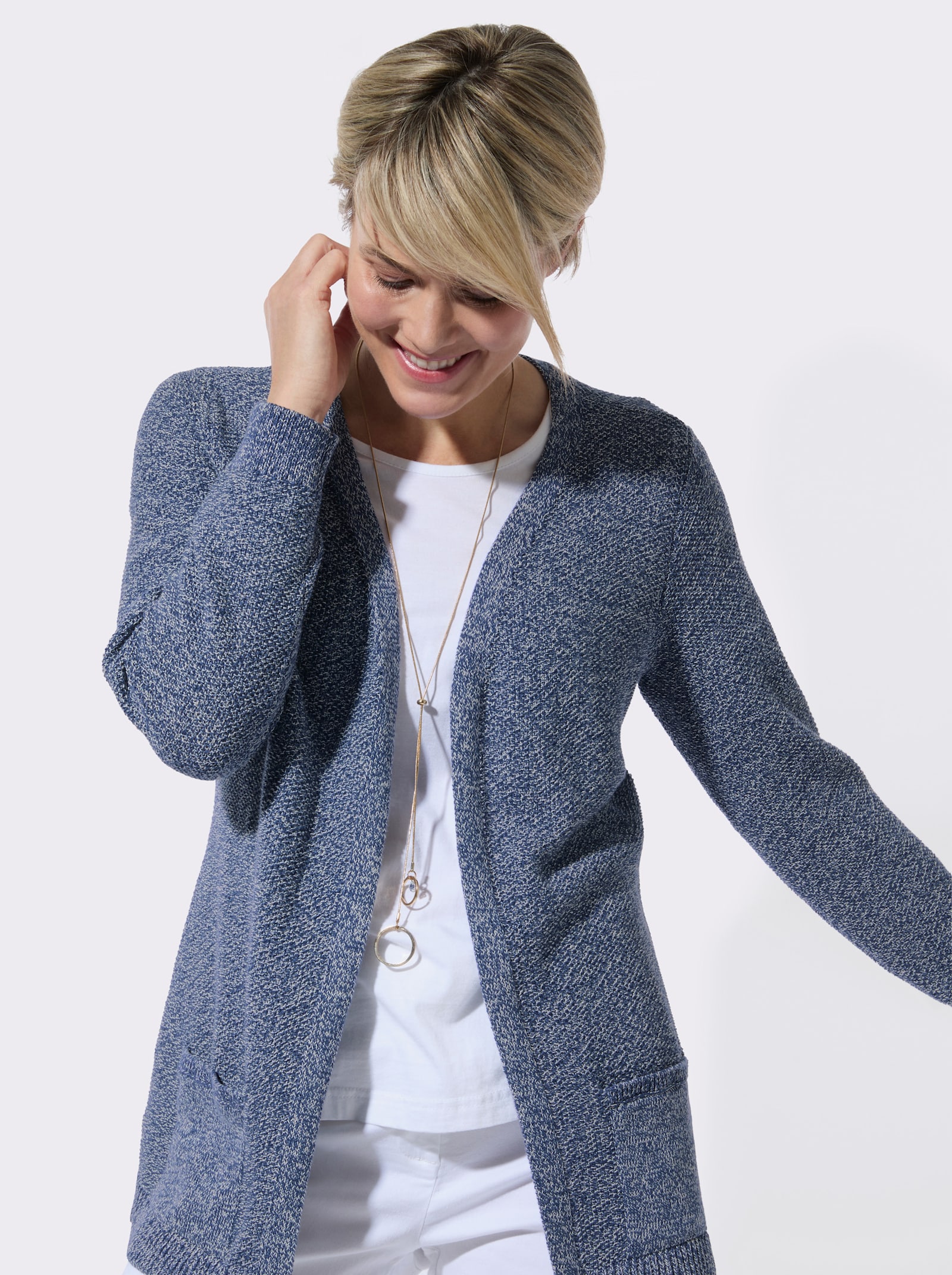 Strickjacke in verschlussloser Form - jeansblau-ecru-meliert