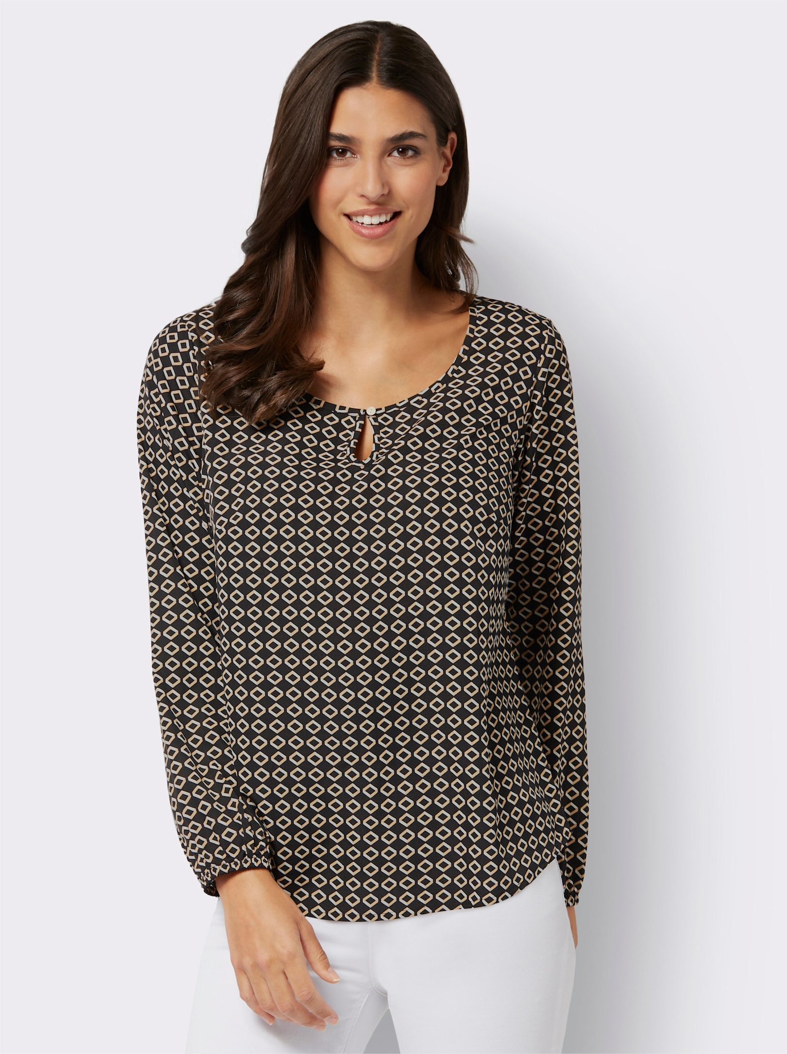 Comfortblouse met elastische mouwboordjes - zwart/camel bedrukt