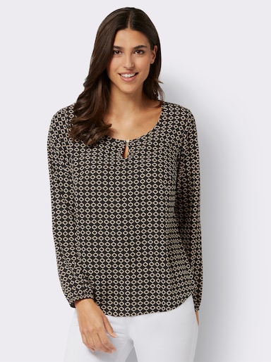 Schlupf-Bluse mit elastischen Ärmelbündchen - schwarz-camel-bedruckt