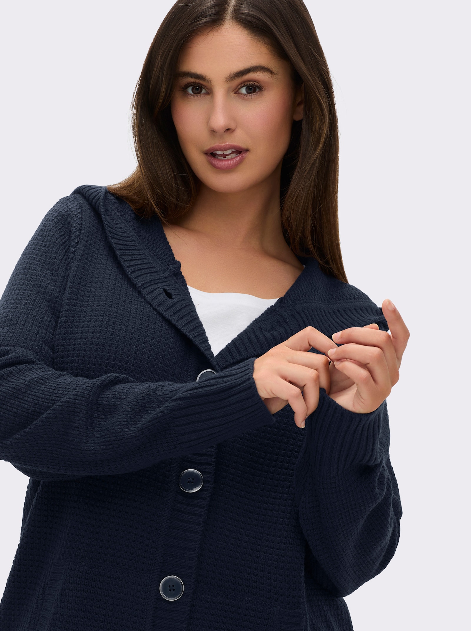 Kapuzenstrickjacke mit Känguru-Taschen - marine