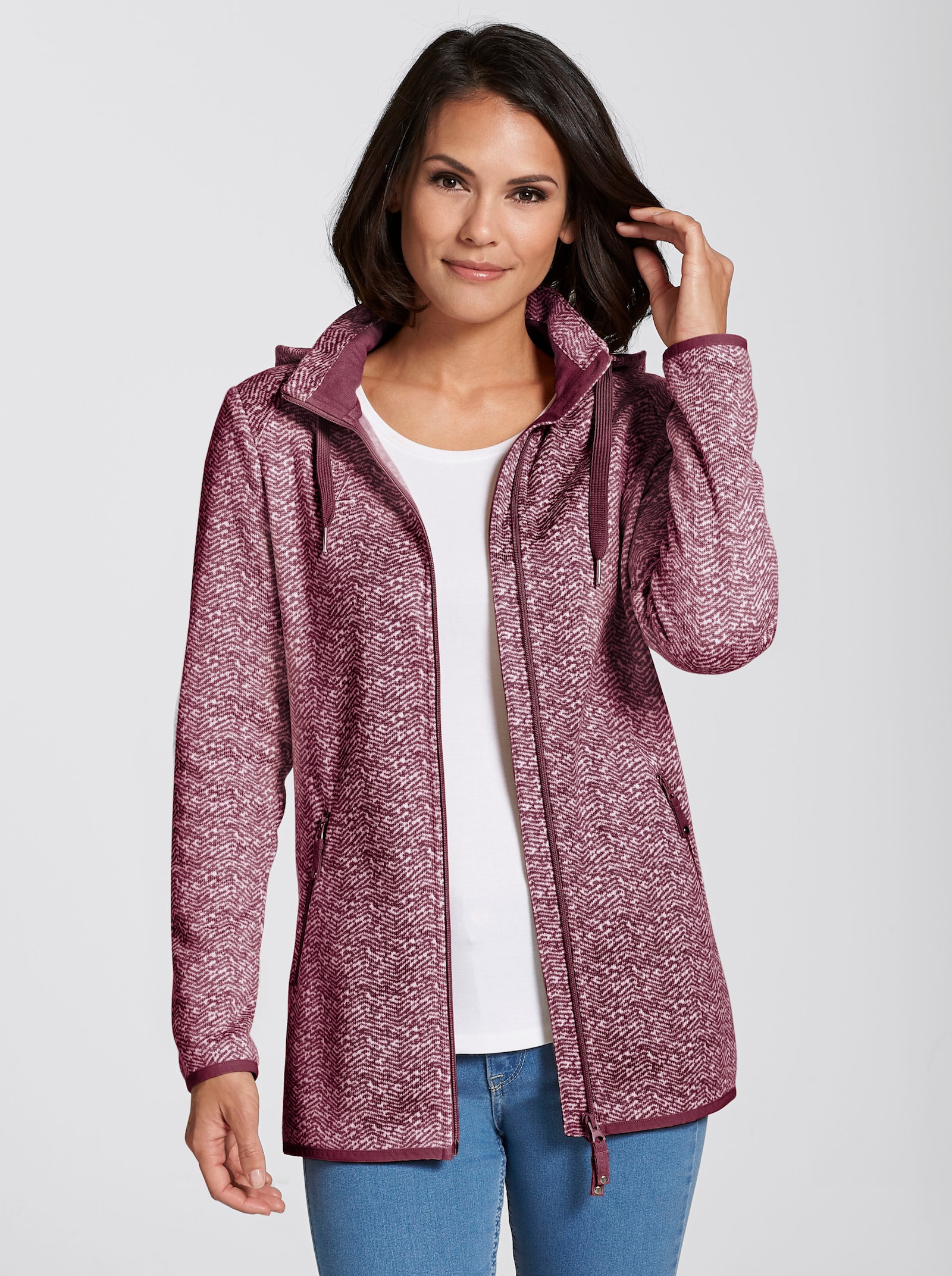 Kapuzenfleecejacke mit abnehmbarer Kapuze - bordeaux-weiss-gemustert