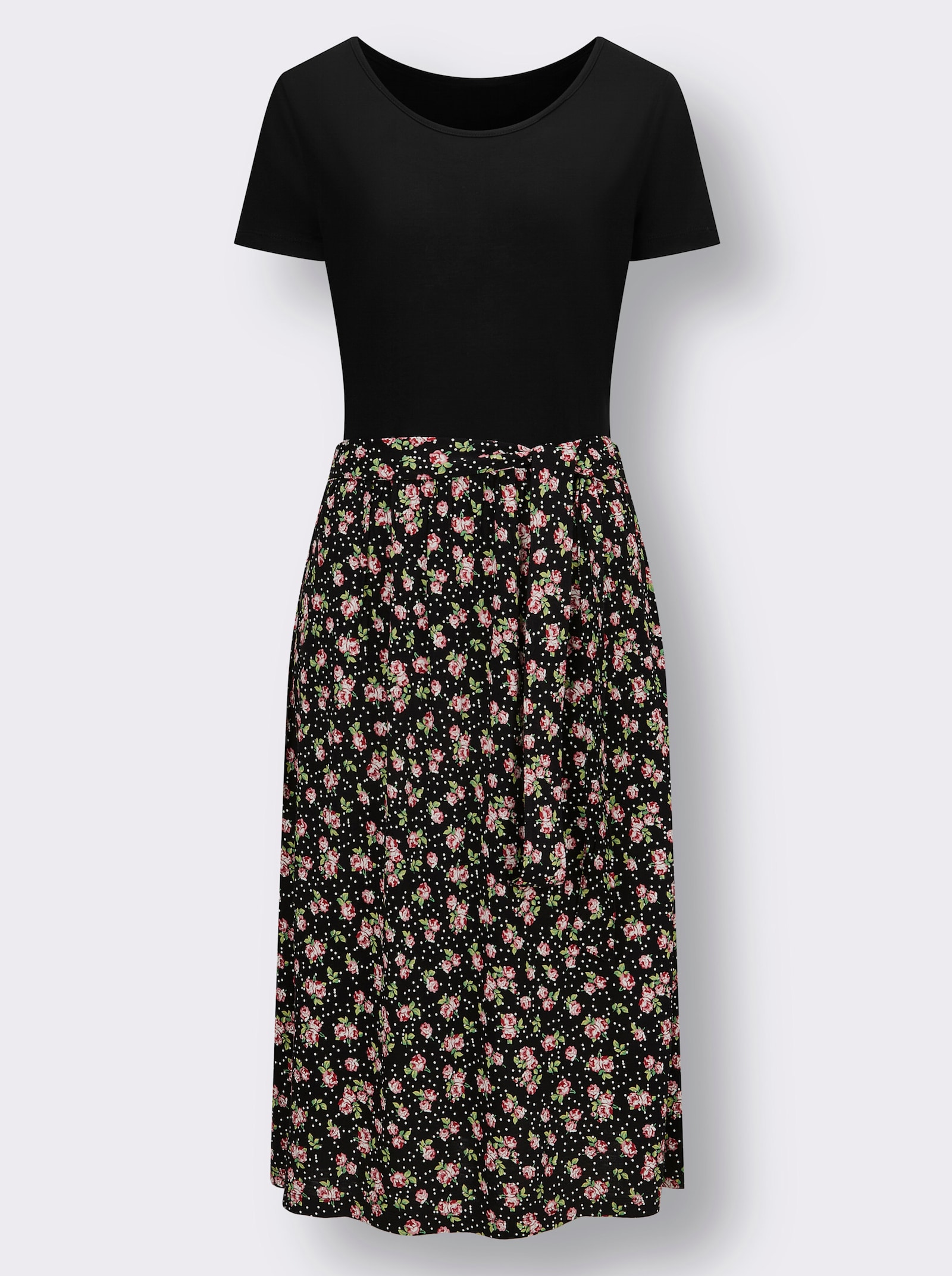 Jerseykleid mit passendem Bindegürtel - schwarz-bedruckt