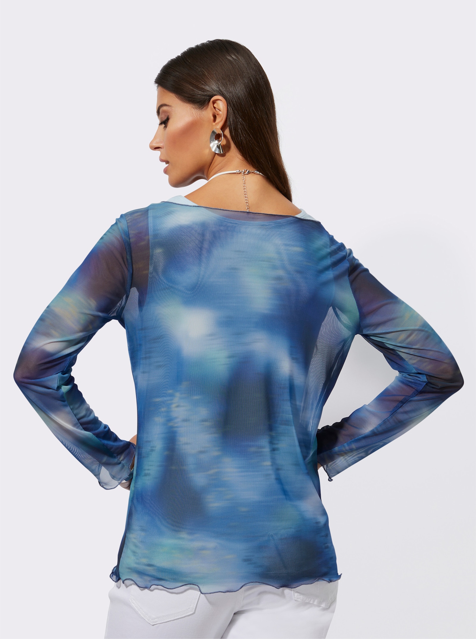 Langarmshirt in transparenter Mesh-Qualität - ecru-dunkelblau-bedruckt