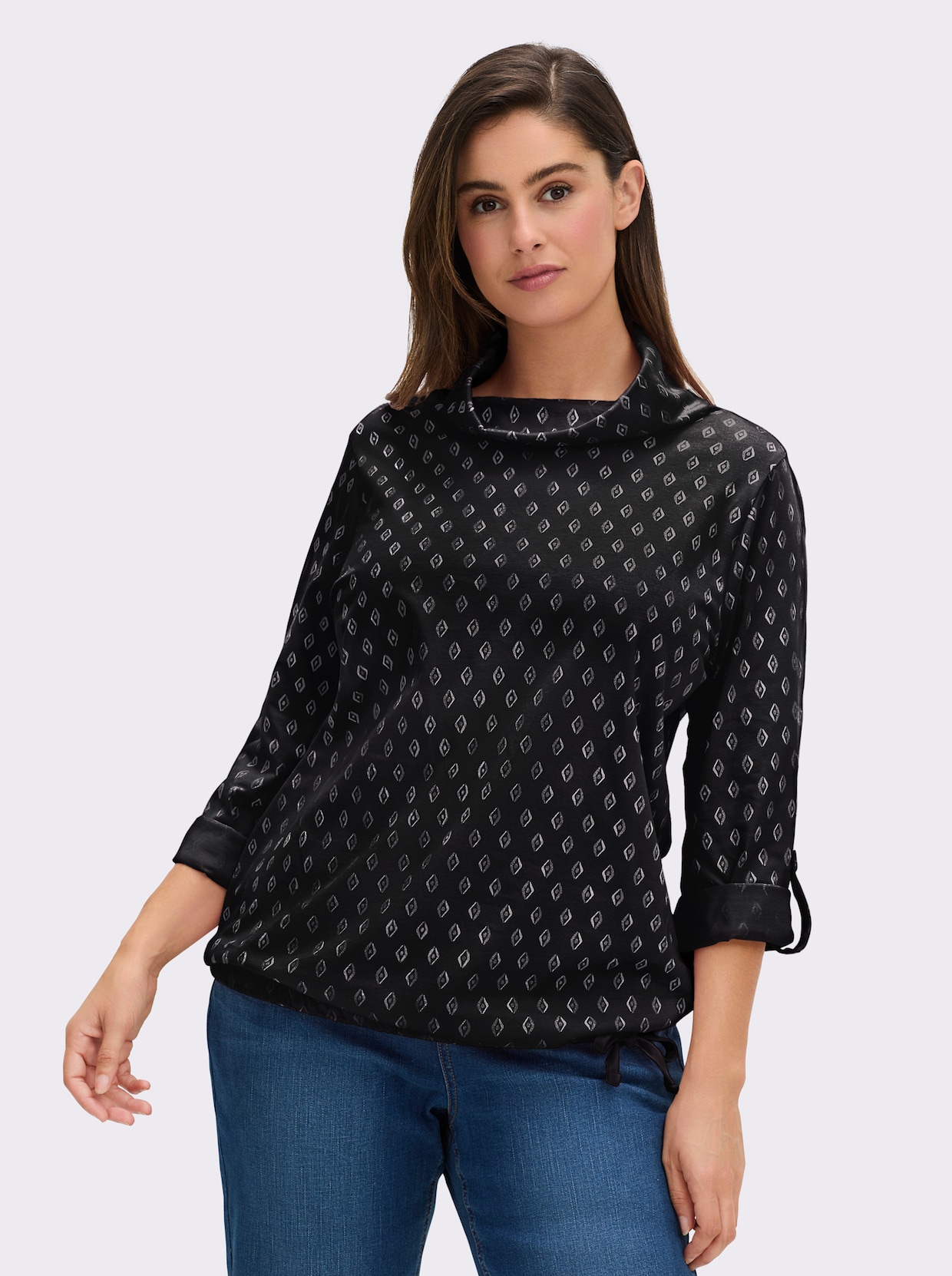 Rollkragenshirt Mit Krempel-Ärmel - schwarz-ecru-bedruckt