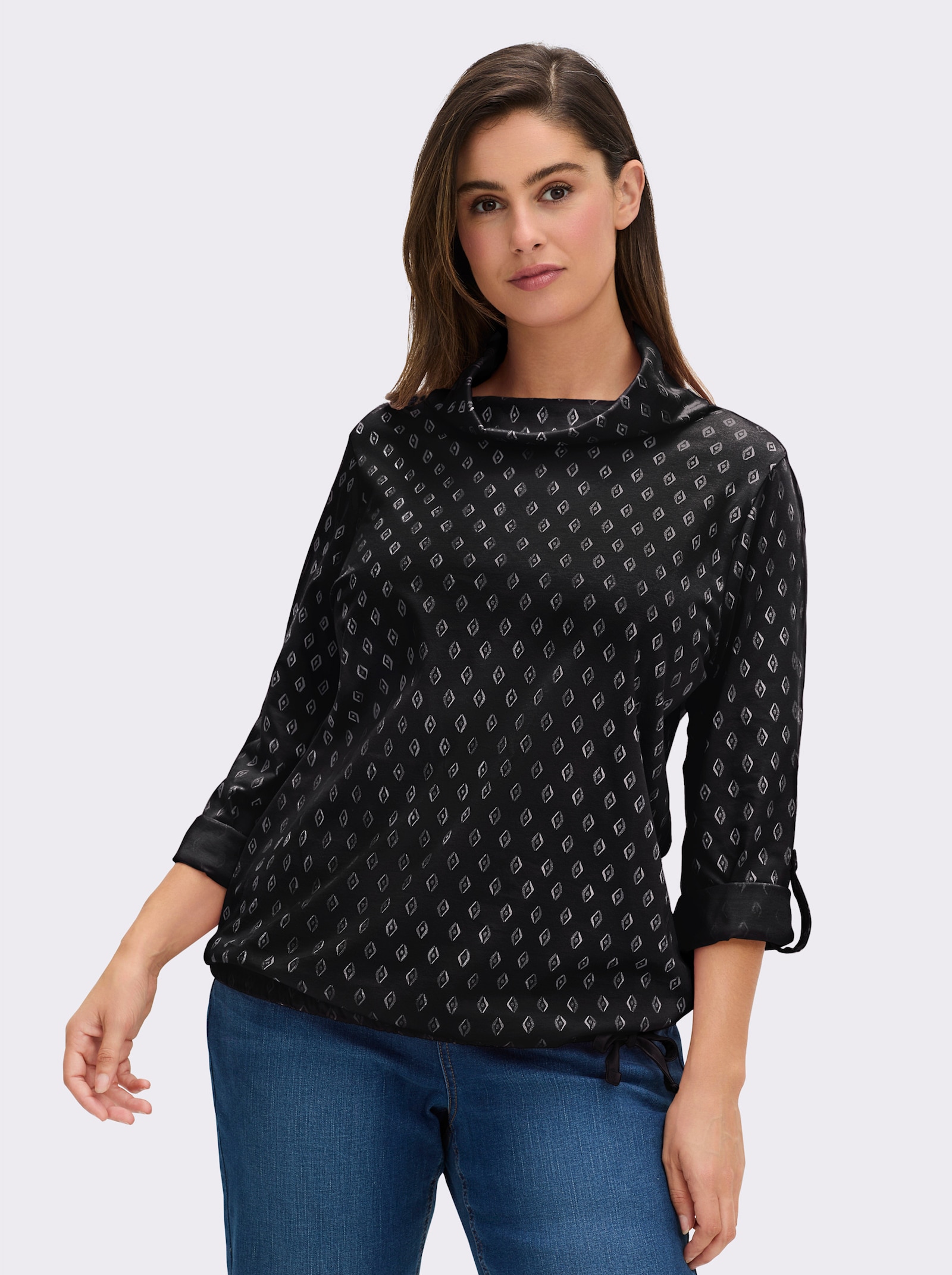 Rollkragenshirt Mit Krempel-Ärmel - schwarz-ecru-bedruckt