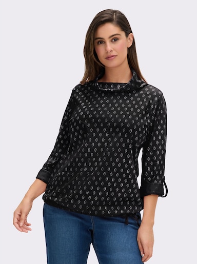 Rollkragenshirt Mit Krempel-Ärmel - schwarz-ecru-bedruckt