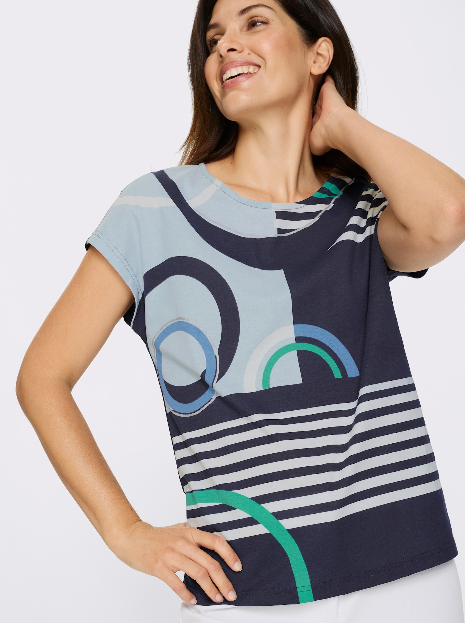 Kurzarmshirt mit silberfarbenen Effekten - marine-hellblau-bedruckt