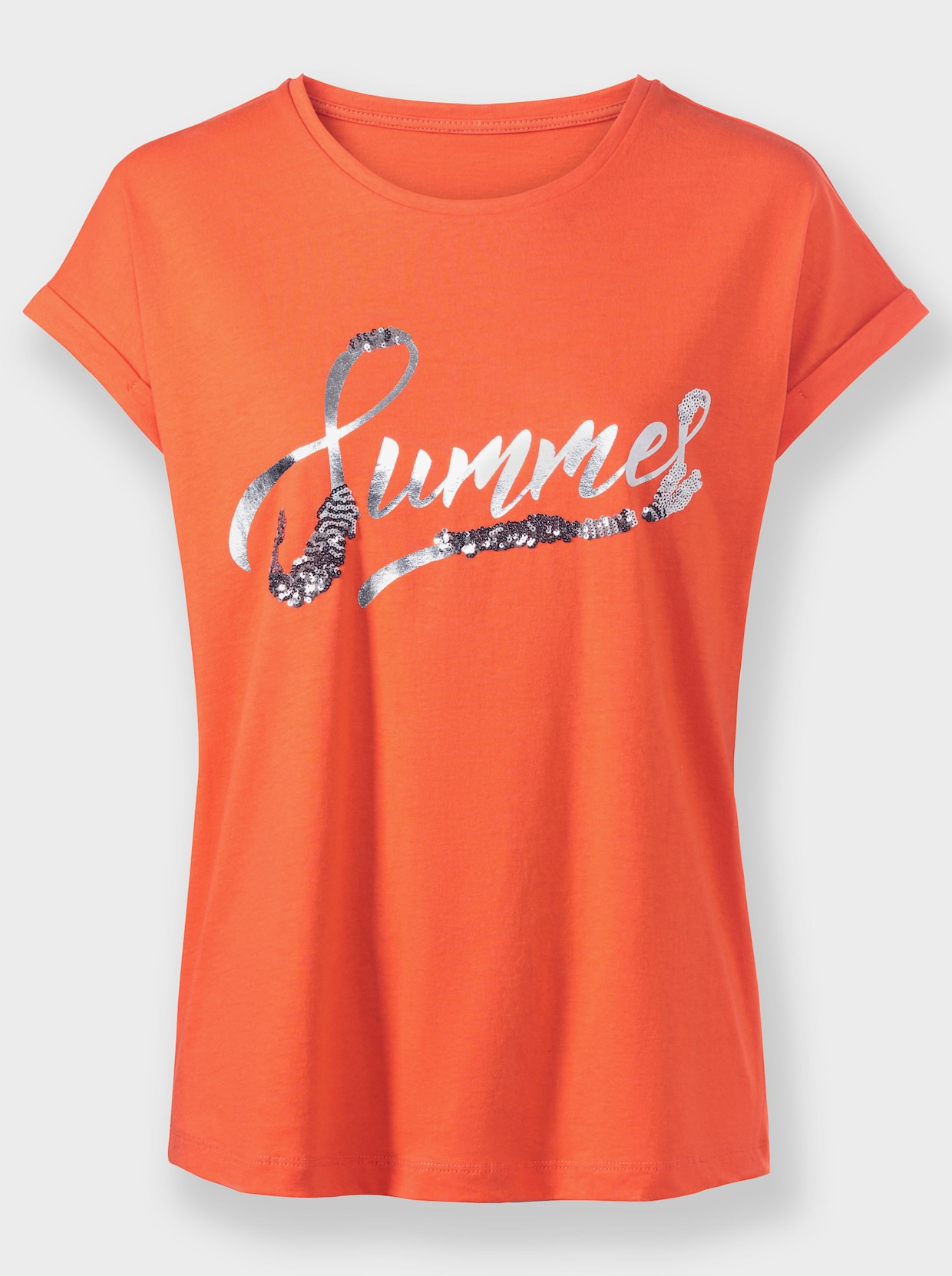 Kurzarmshirt - orange-silberfarben-bedruckt