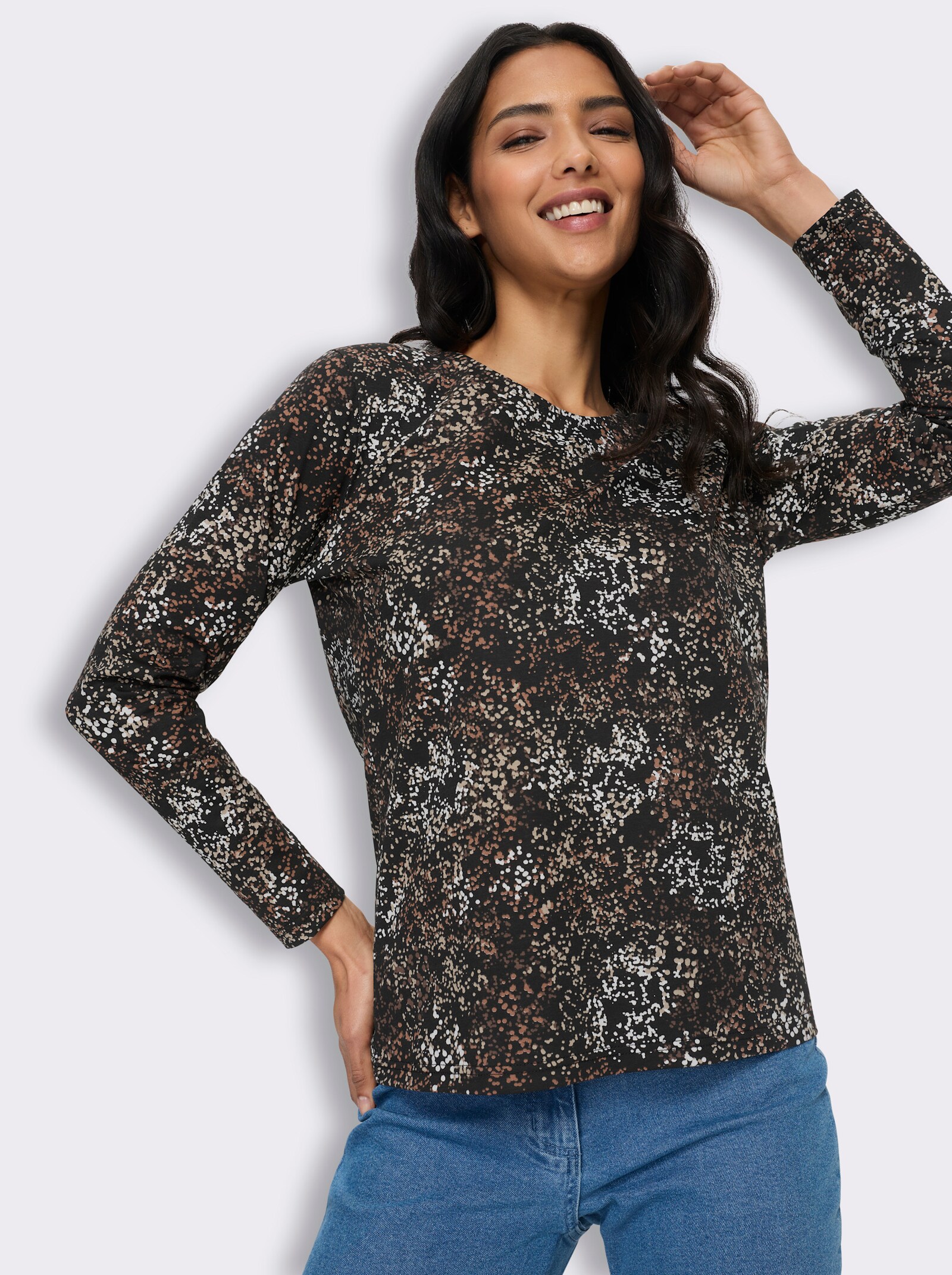 Langarmshirt mit Print - schwarz-beige-bedruckt