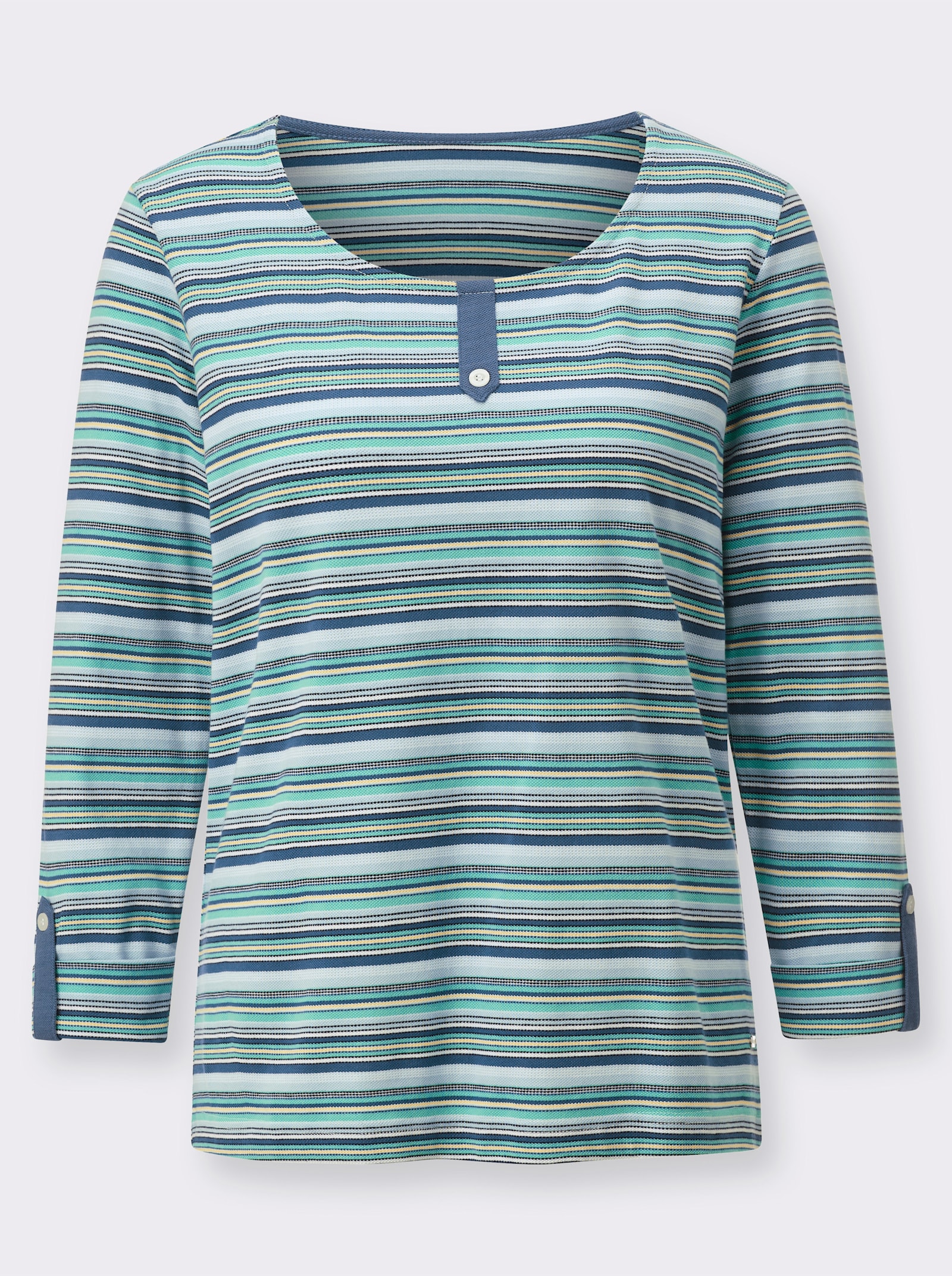 Shirt met 3/4-mouwen en contrasterende trensjes - jeansblauw/blauwgroen gestreept