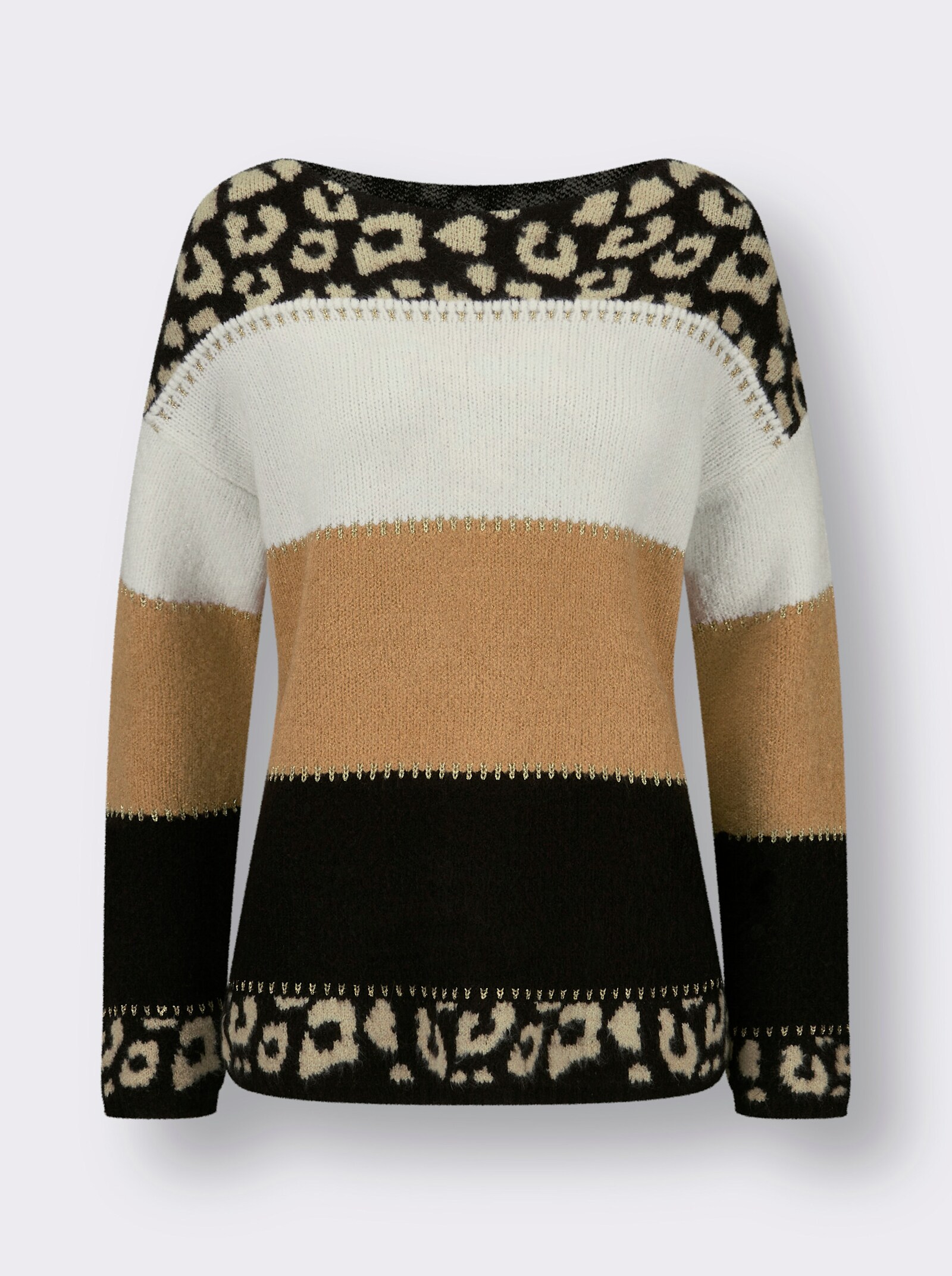 Pullover van kasjmier met glansgaren - zwart/zand gestreept