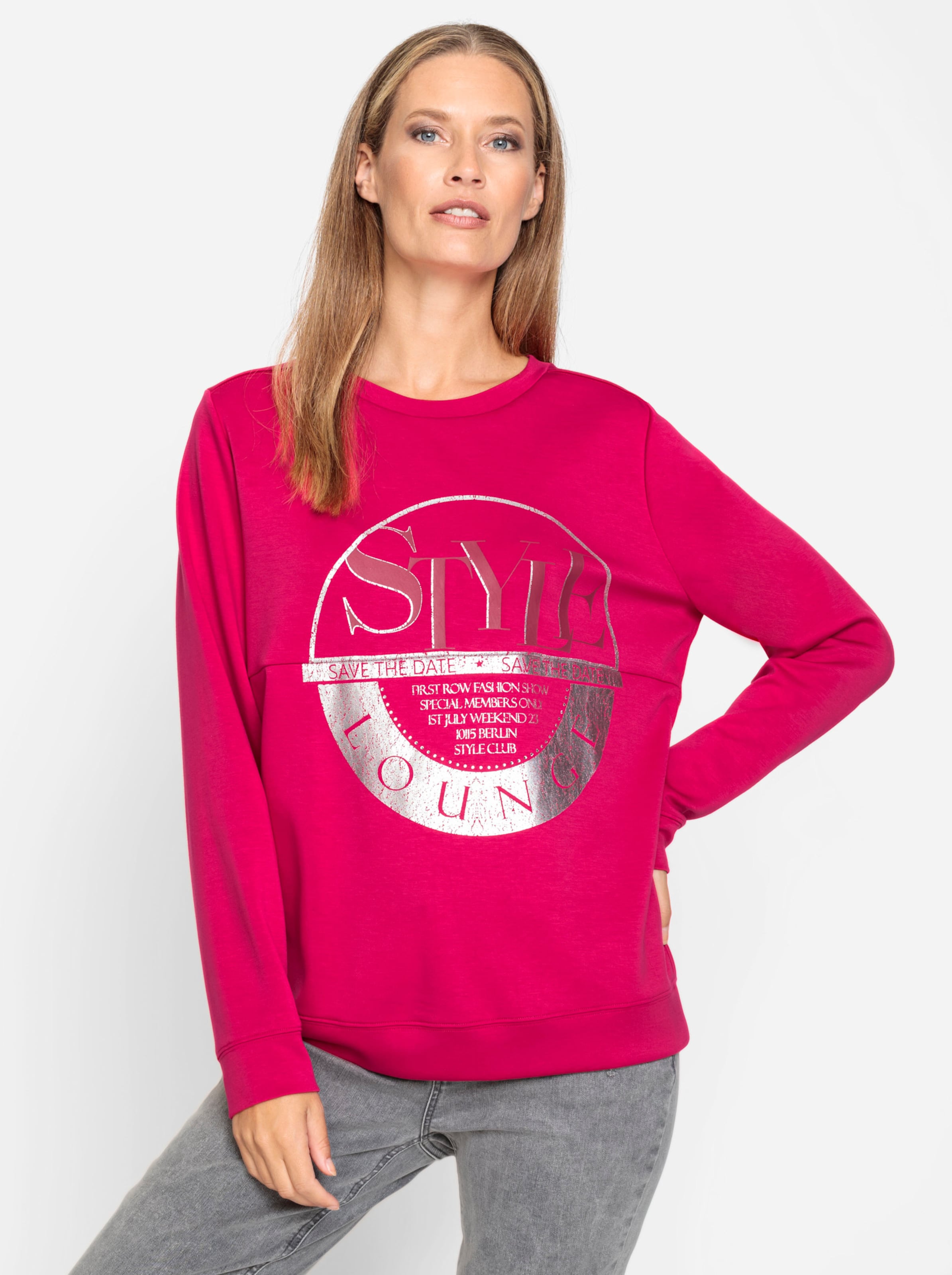 Dekor Mix günstig Kaufen-Sweatshirt in pink von heine. Sweatshirt in pink von heine <![CDATA[Sweatshirt Ganz im Trend und so angenehm zu tragen dank hochwertigem Modal-Mix. In seidig mattem Glanz mit angesagtem, silberfarbenem Druck und dekorativen Glitzersteinchen. Rundhalsaussc