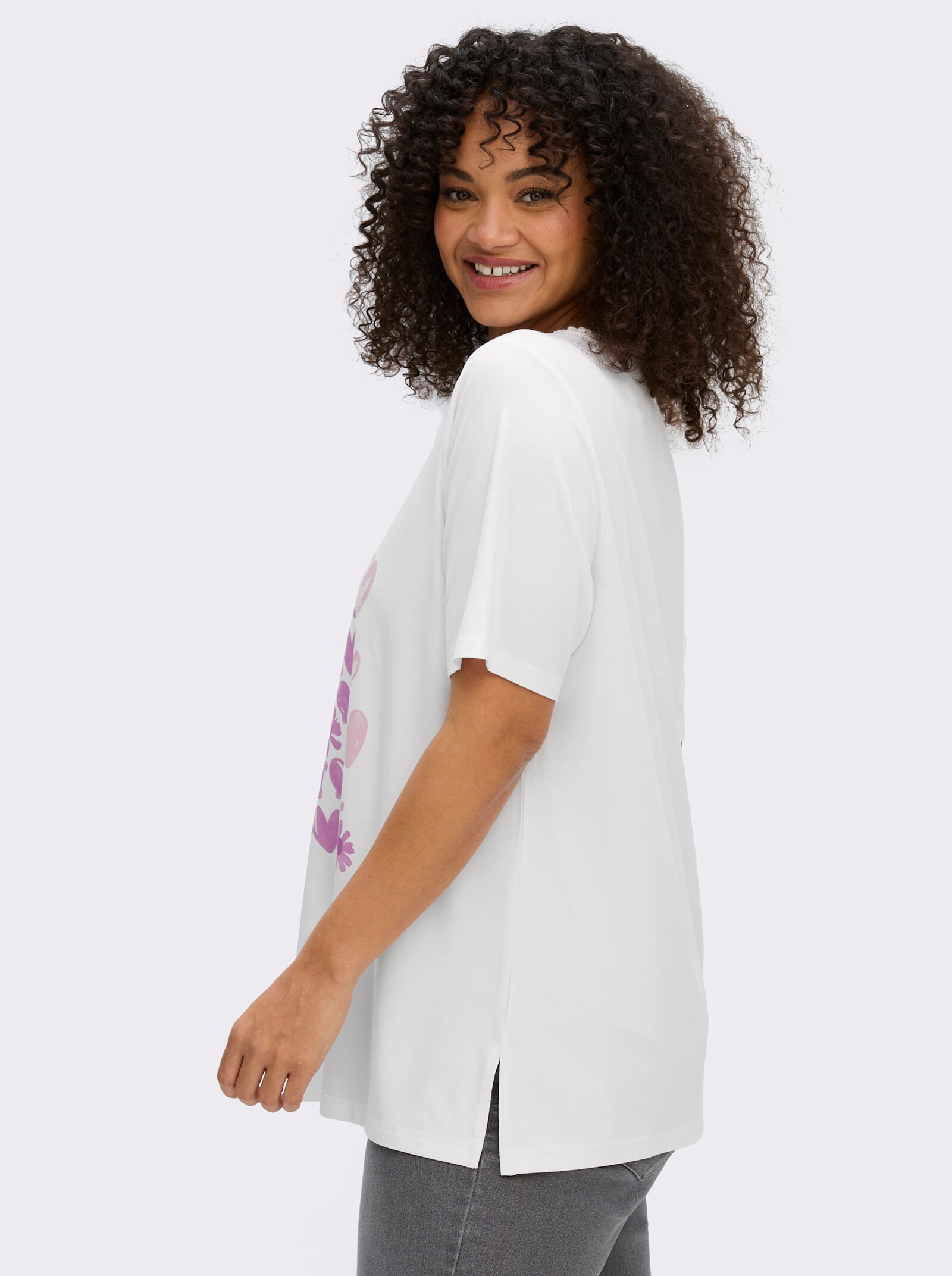 sheego Rundhalsshirt mit Zierband und Frontdruck - ecru-hellrosé
