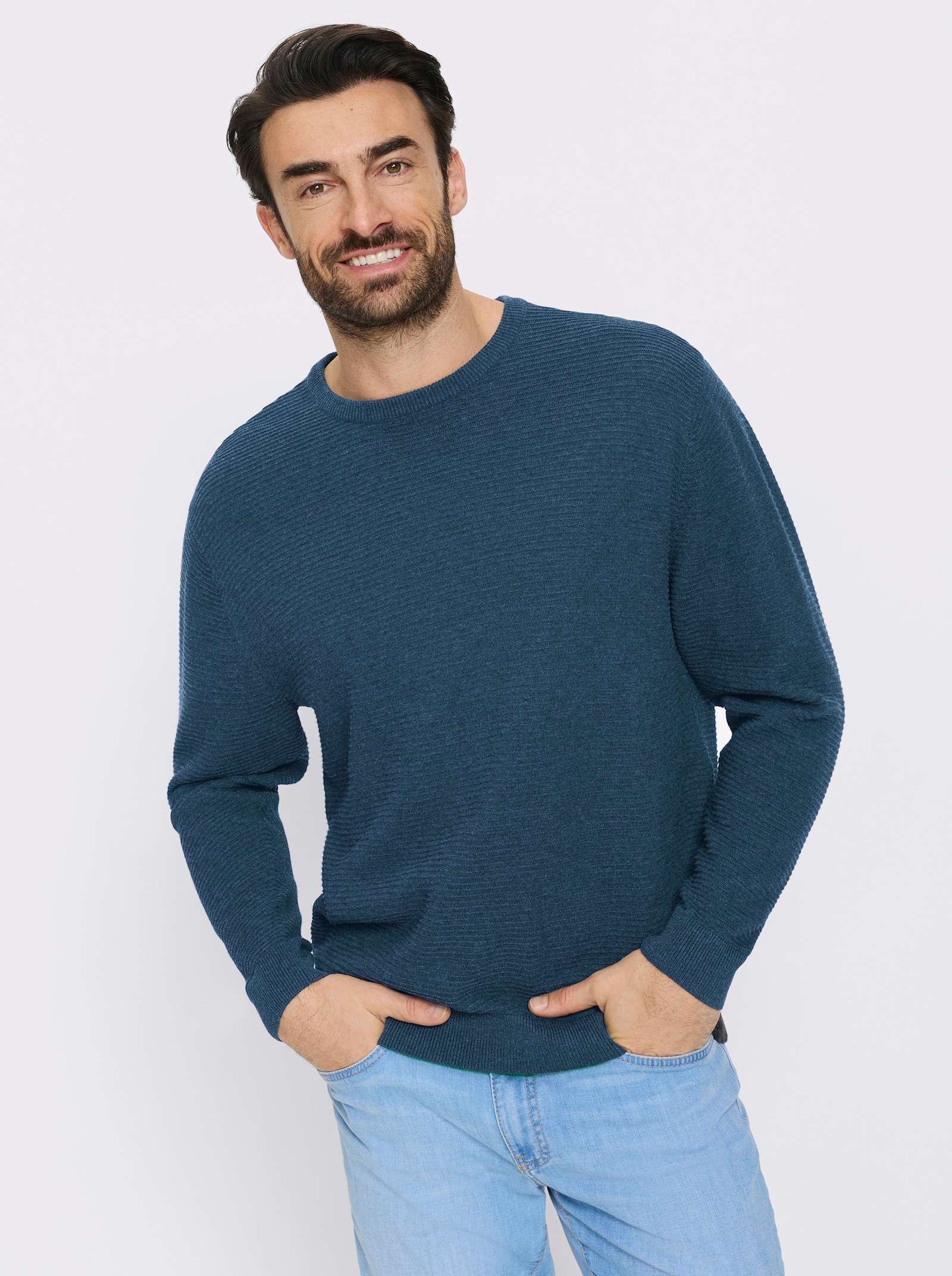 Marco Donati Rundhalspullover mit Linksstrick-Muster - jeansblau-meliert