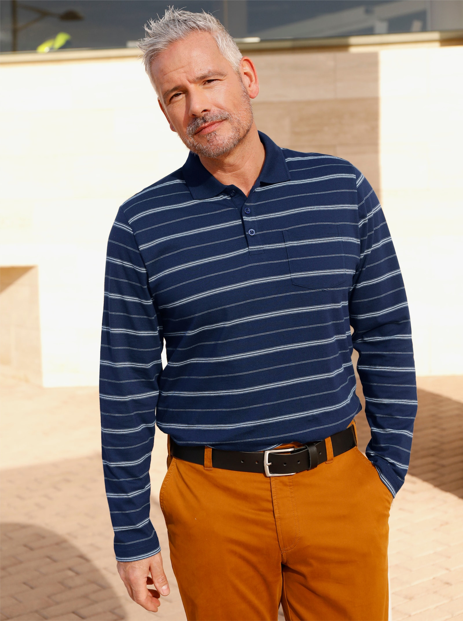 Marco Donati Poloshirt met lange mouwen en blijvend schitterend streeppatroon - marine gestreept