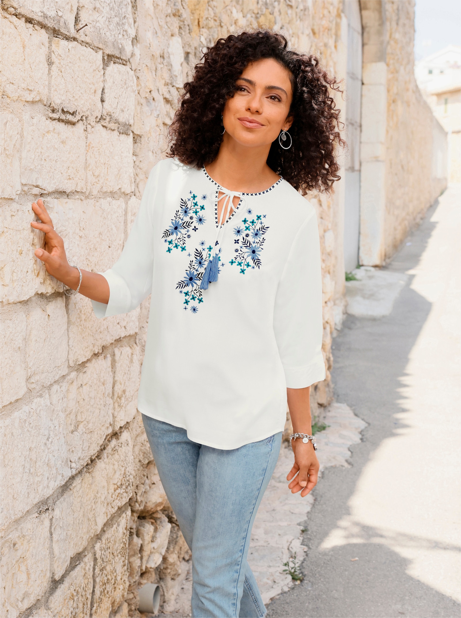 Tuniek met bindstrikjes - wit/middenblauw