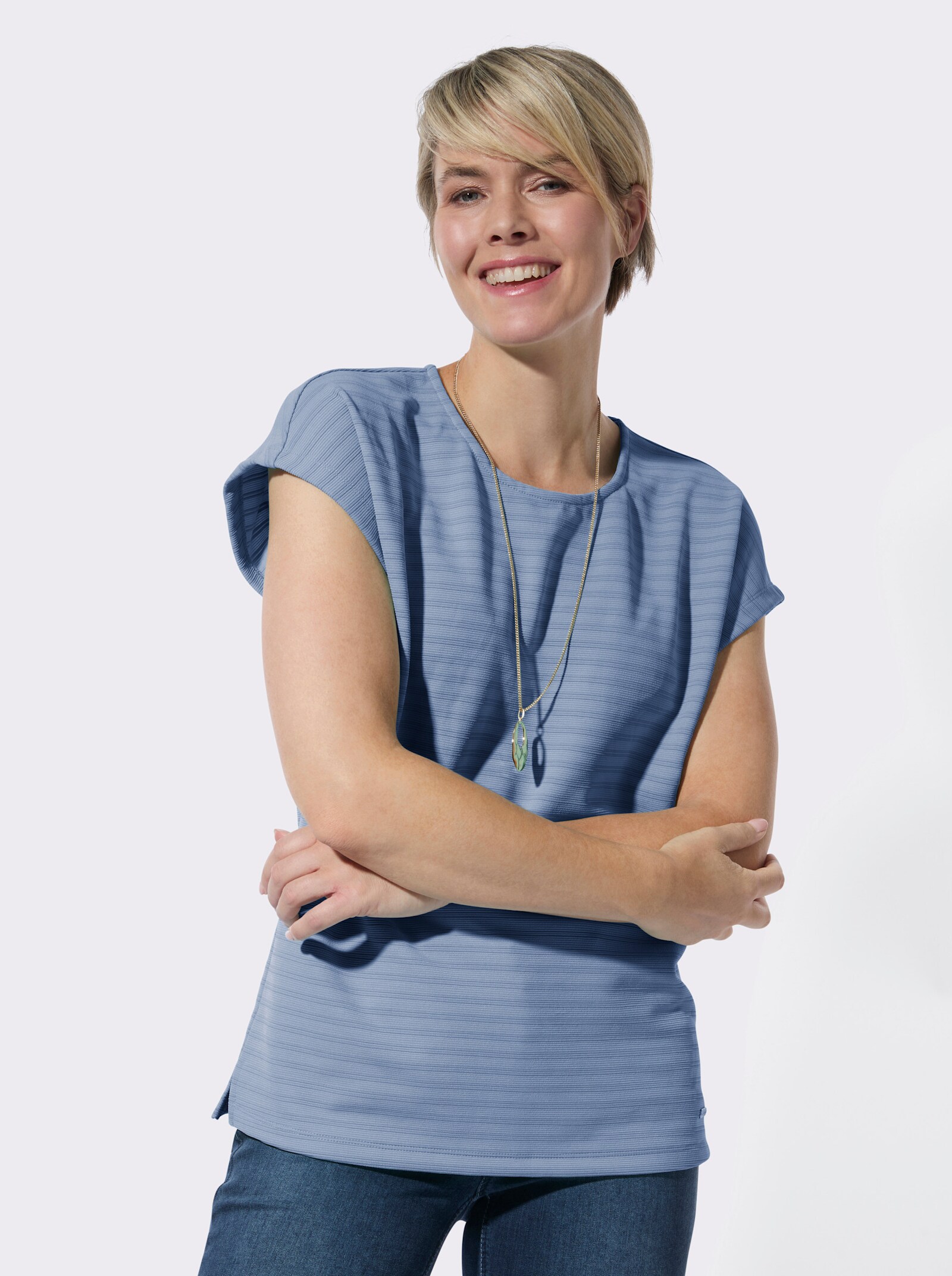 Rundhalsshirt mit Jacquardmuster - bleu